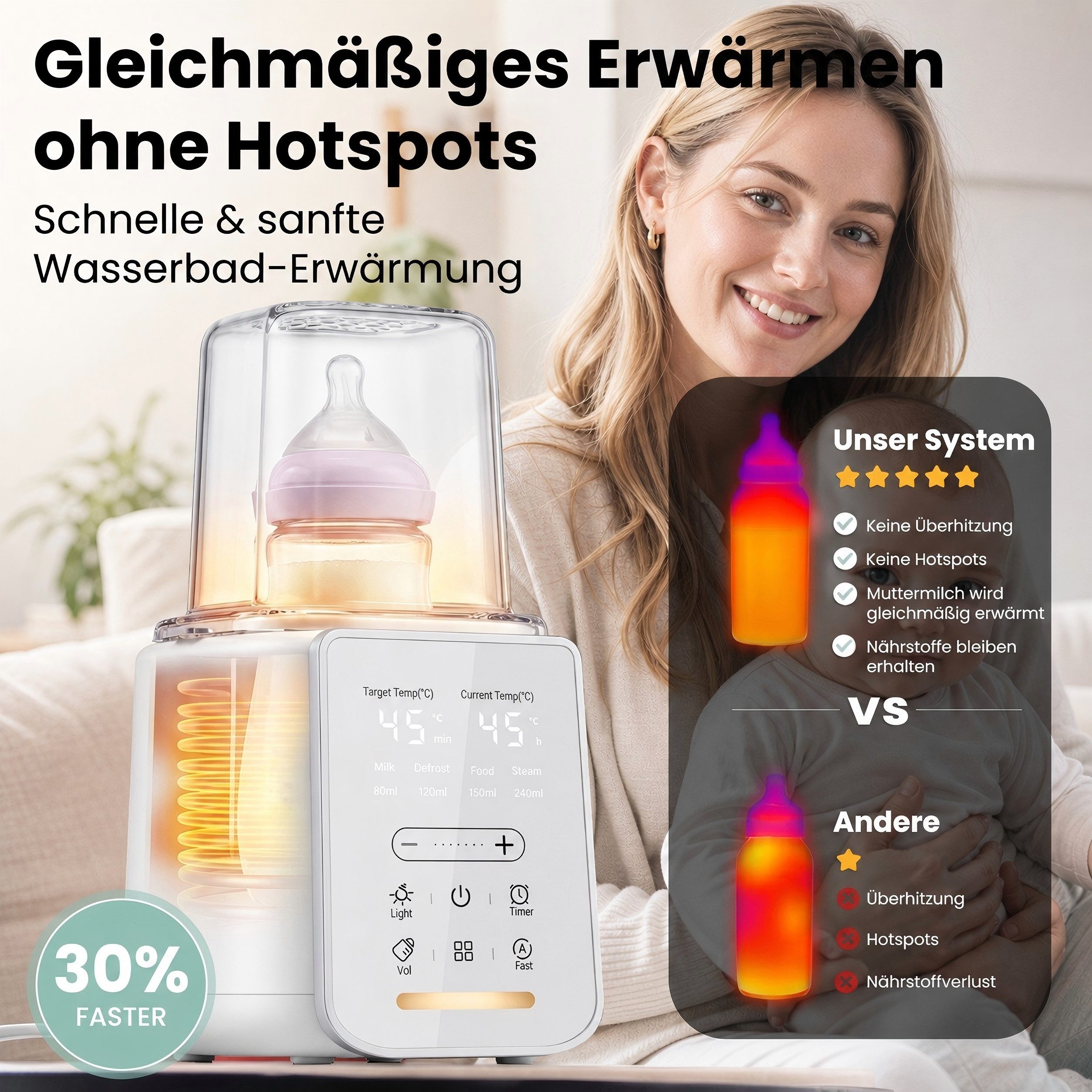 SWGOTA Babyflaschenwärmer 2026 Neuer 9-in-1 Babyflaschenwärmer Sterilisator, NTC, BPA-frei, Für 60–240 ml, 360° Wasserbad, Nachtlicht, 48H Warmhalten, 1–24H Timer