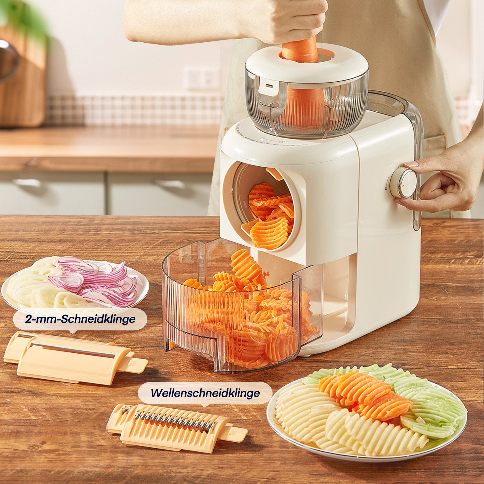 FOHERE Multireibe Elektrische Multifunktionsreibe mit 6 Klingen und 1,8-Liter-Behälter, (1-St), geeignet zum Zerkleinern von Gemüse, Obst und Nüssen. Multireibe