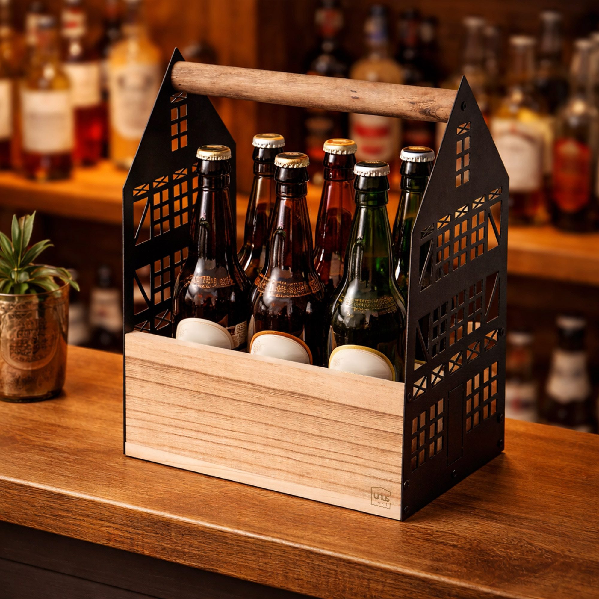 UNUS HOME Flaschenhalter Bierflaschenhalter Bierhalter Brauhaus für 6 Flaschen, (Brauhaus, Fachwerkoptik), Getränkehalter - Geschenkidee für Männer