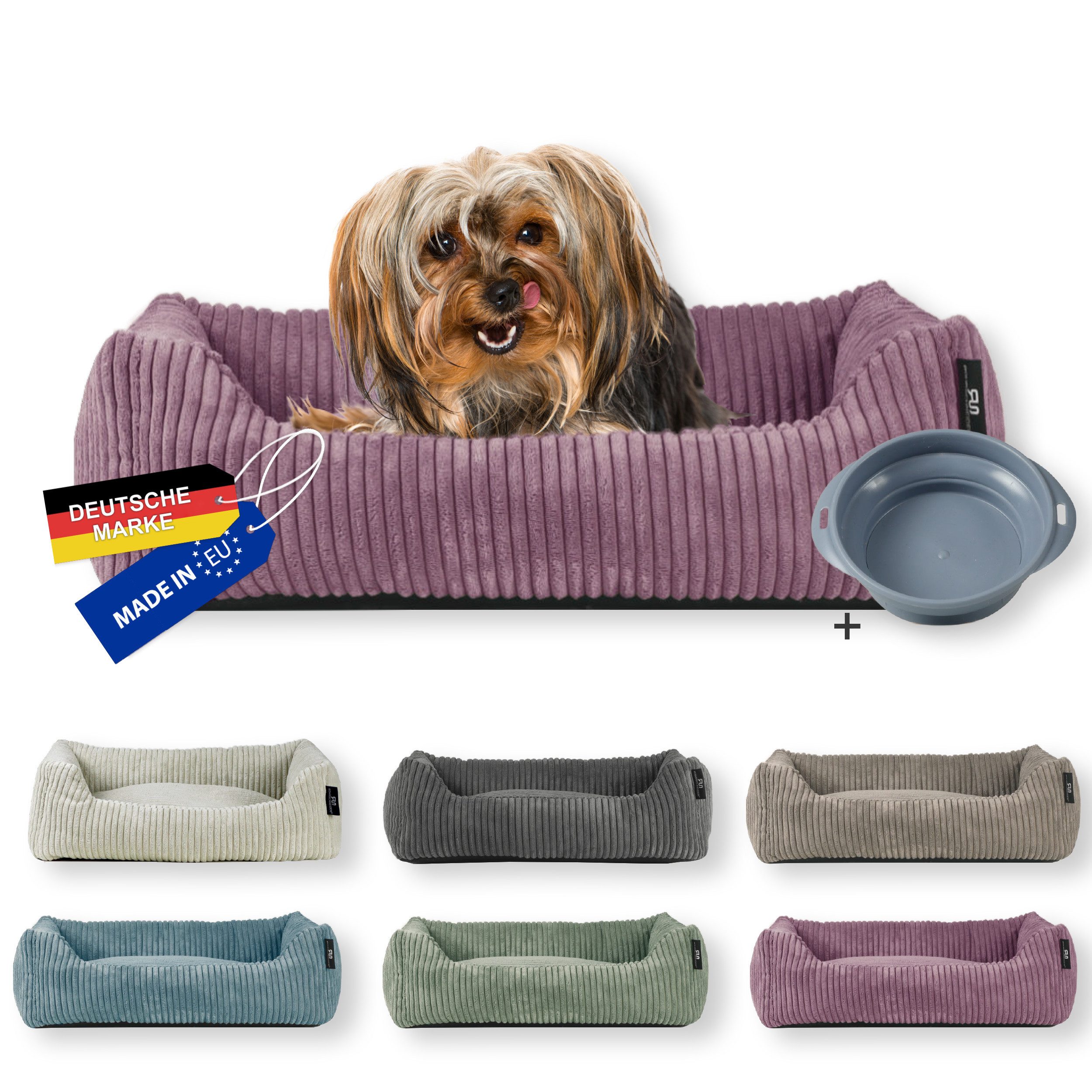 Rohrschneider Tierbett Hundebett Cord für kleine Hunde mit waschbarem Bezug inkl. Futternapf, antiruschbeschichtete Unterseite