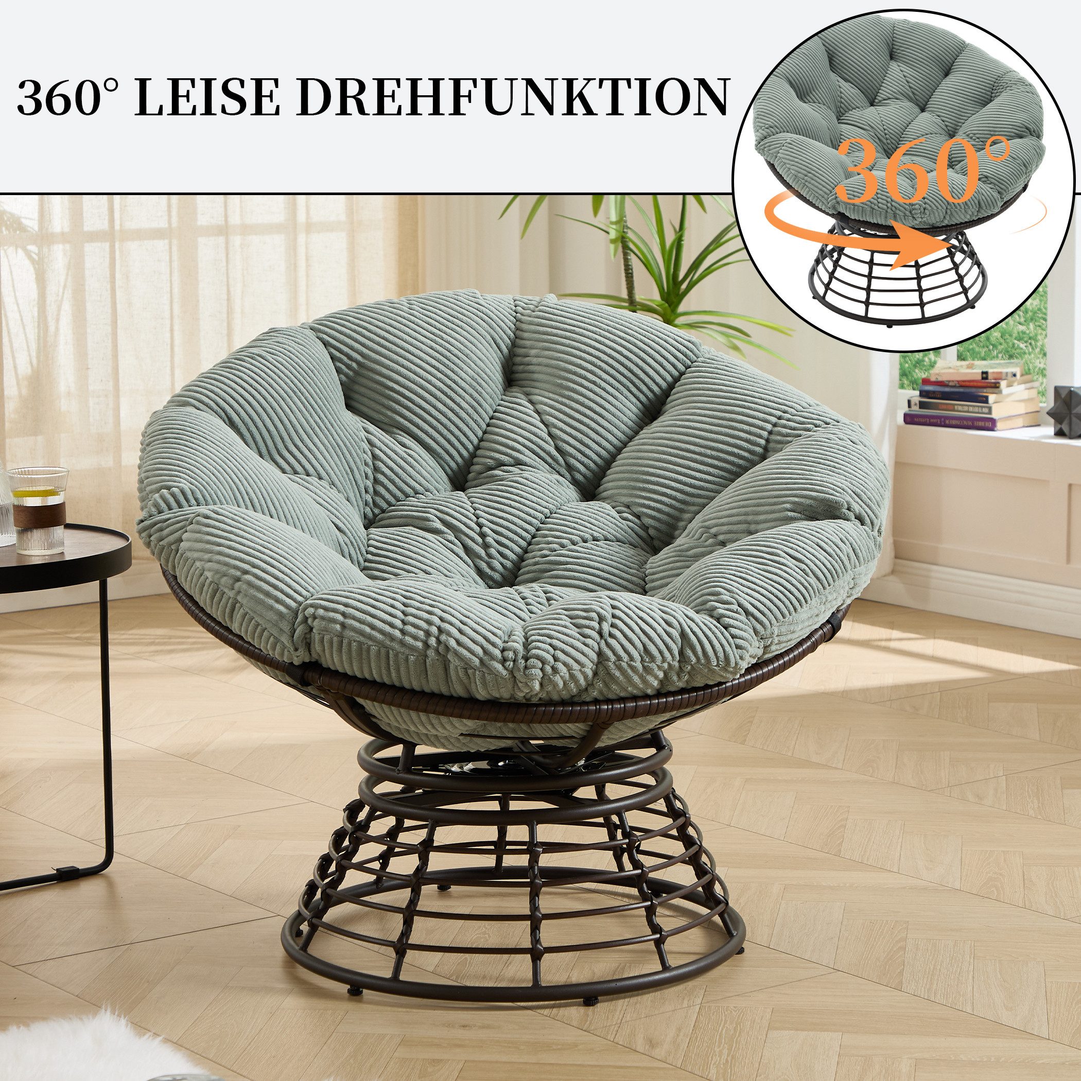 SeedWave Loungesessel 360° Drehbarer Papasan-Sessel Stahlgestell mit 92cm Trennbarem Polster, Relaxsessel für Balkon, Garten, Terrasse
