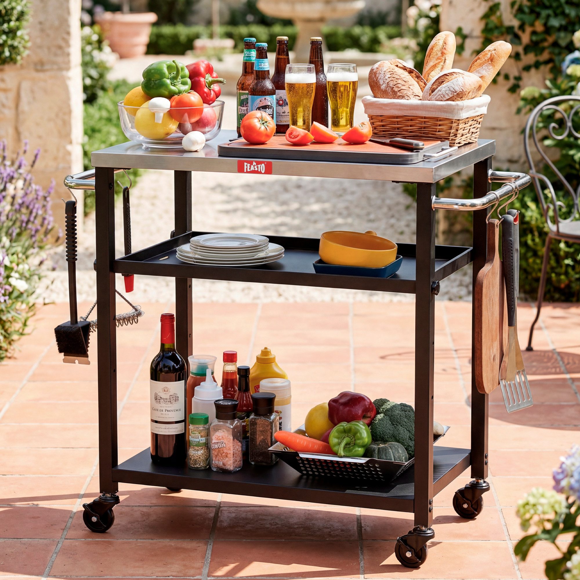 Feasto Servierwagen Grillablagetisch Outdoor, Küchenwagen, Grilltisch mit Edelstahlplatt, Multifunktionaler Grillwagen für Garten & BBQ, 87,5x41x84cm