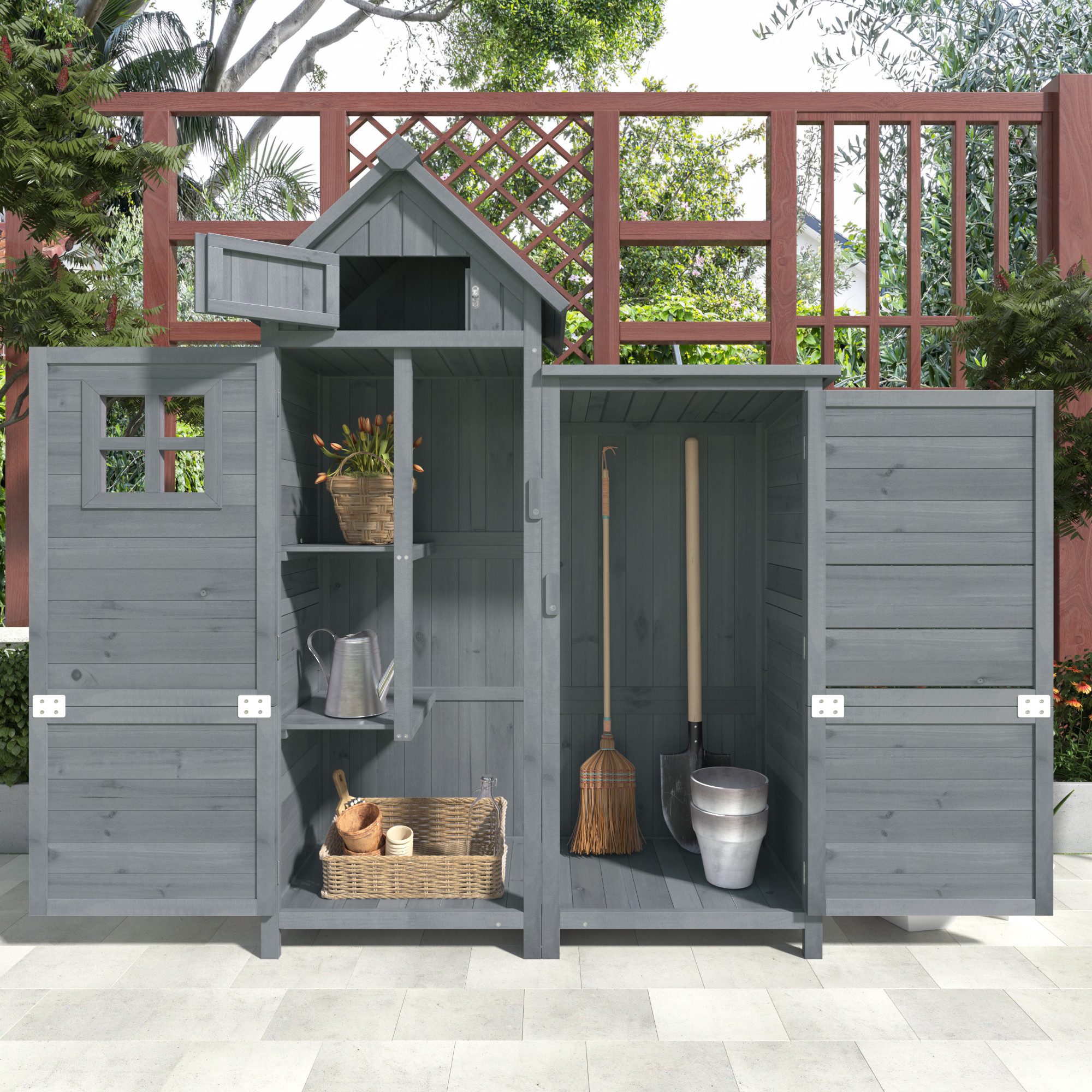 BlingBin Geräteschrank Gerätehaus Gartenschrank Geräteschuppen, Werkzeugschrank Balkonschrank (Holzhütte mit 2 Regale, PVC-Dach - Wasserdicht, Sonnenbeständig und Stabil, 1-St., 118 x 54 x 173 cm, Tragendes Gewicht: 60kg) Werkzeughaus für Kleine Garten, Terrasse und Balkon, Wetterfest, Grau