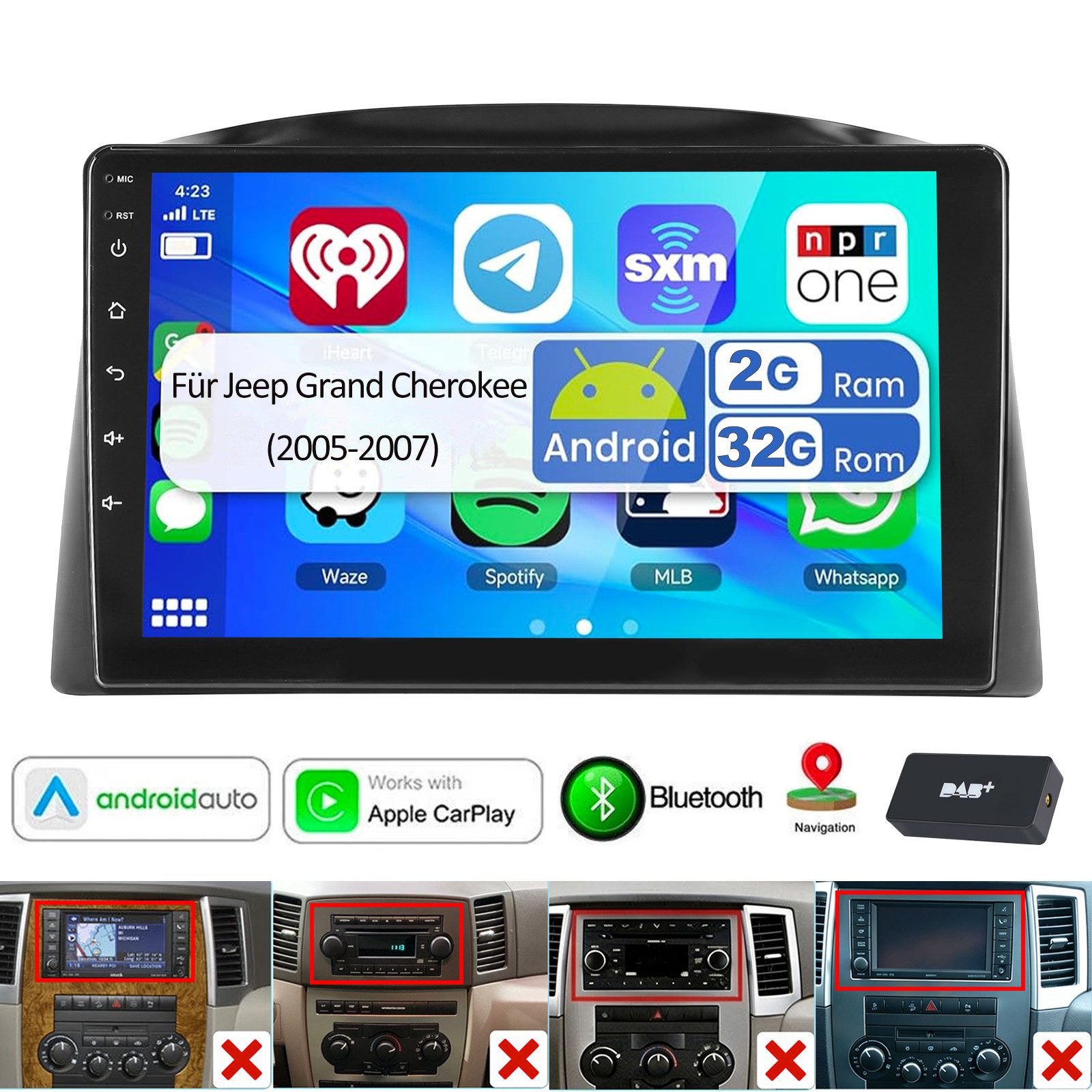 ESSGOO DAB+ Für Jeep Grand Cherokee 2005-2007 Android 15 GPS Navi WIFI BT Autoradio (DAB (optional), DAB+ (optional), 4+64GB(optional), RDS, AM, FM, Carplay Android Auto Bluetooth EQ USB GPS Navi WIFI Touchscreen)