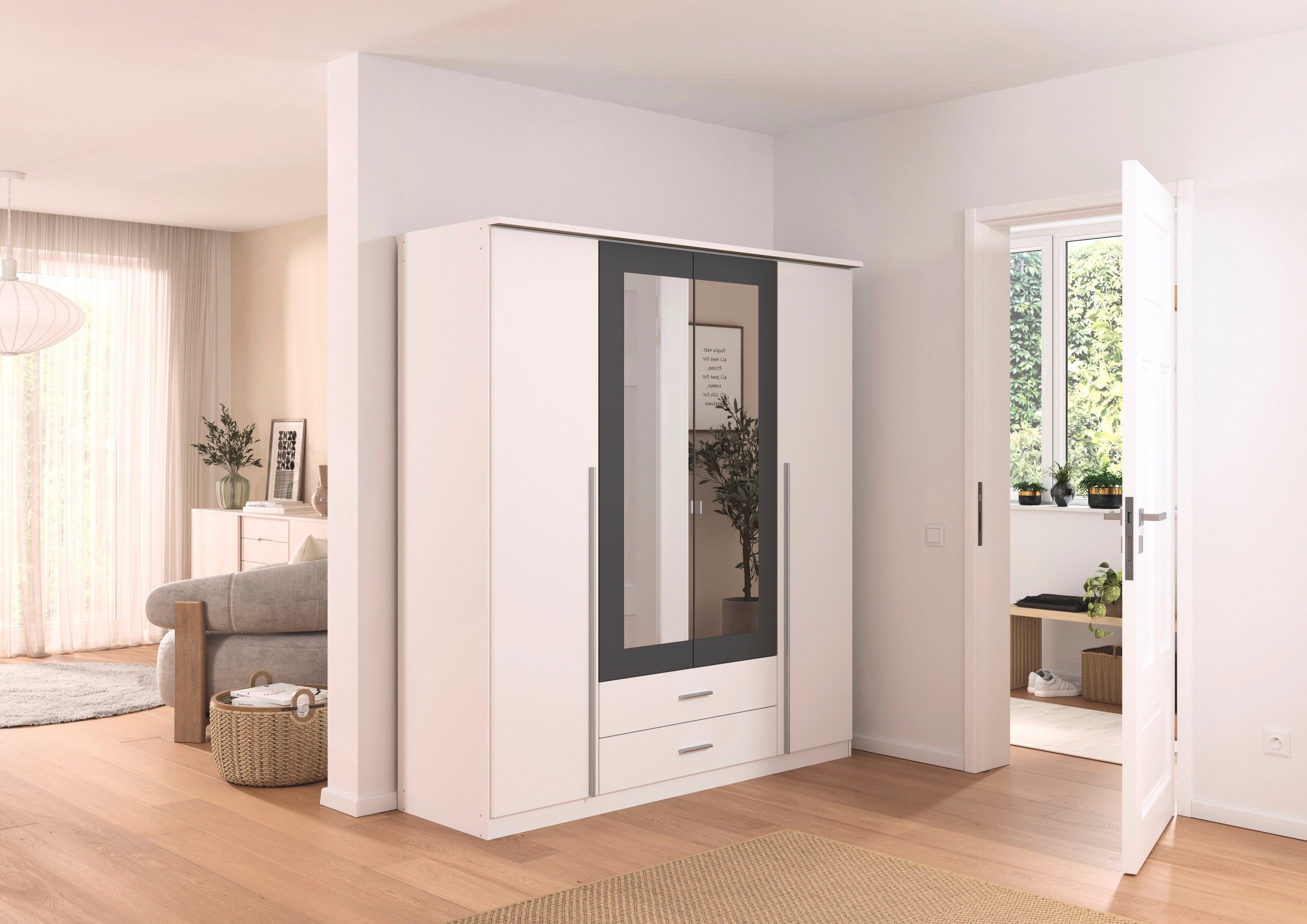 rauch Kleiderschrank Kleiderschrank Schrank Garderobe Wäscheschrank Ankleide KREFELD (Breiten: 136/181 cm, Höhe: 199 cm) farblich abgesetzte Spiegelumrandung, Griffstangen MADE IN GERMANY