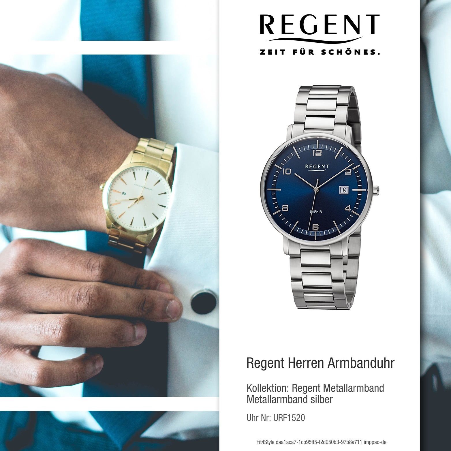 Quarzuhr Regent Herren extra Metallarmband Regent Herrenuhr Gehäuse, silber, Armbanduhr rundes groß Analog, (ca. 42mm)