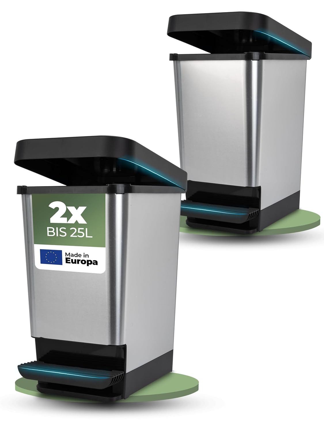 Novaliv Mülleimer 31166-2x, Novaliv 2x Mülleimer mit Deckel - 25L Tretmülleimer - Stabiler Abfalle