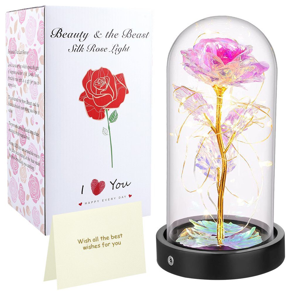 Kunstblume Ewige Rose im Glas mit LED-Licht für Geburtstag Jubiläum Valentinstag, Qelus, Schöne und das Biest Rose in Glaskuppel, Gold, Bunt
