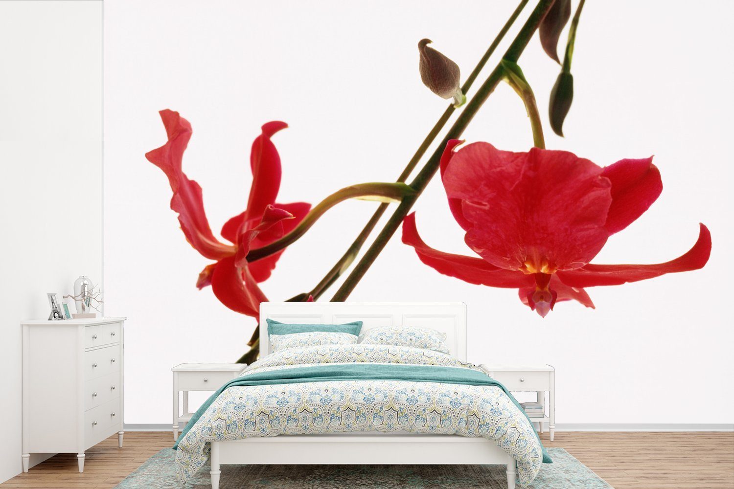 MuchoWow Fototapete Zwei rote Orchideen vor einem weißen Hintergrund, Matt, bedruckt, (6 St), Wallpaper für Wohnzimmer, Schlafzimmer, Kinderzimmer, Vinyl Tapete