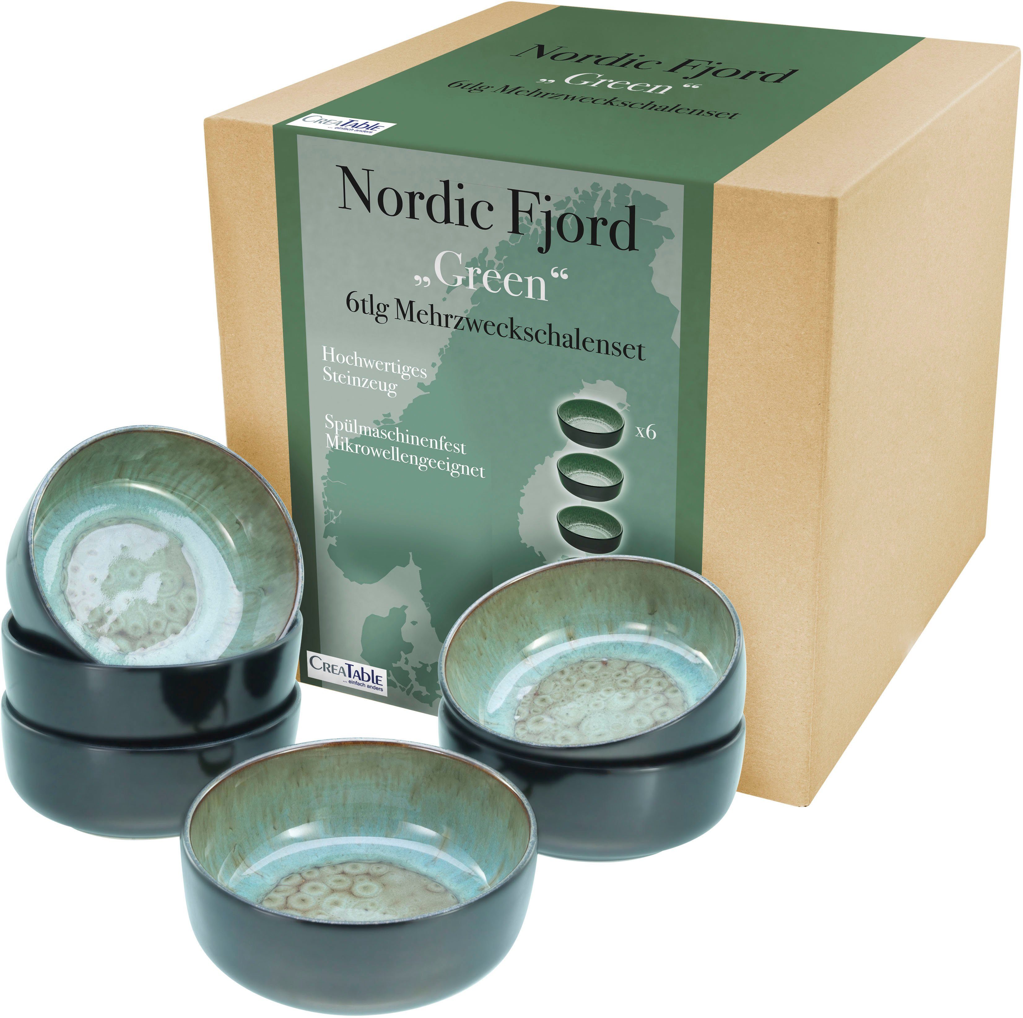 CreaTable Müslischale Nordic Fjord, Steinzeug, (Set, 6-tlg), Salatschale, Snackschale, Ø 15,5 cm, 960 ml