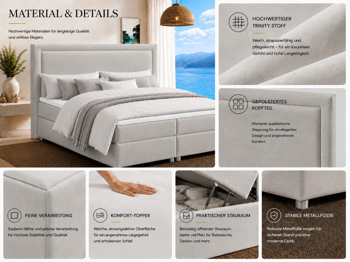 Best for Home Boxspringbett Trinity K3 mit zwei Bettkasten & Komfort Topper H3 (Polsterbett Doppelbett Boxbett mit gepolstertes Kopfteil, versch. Größen, 140x20 – Bild 4 von 5