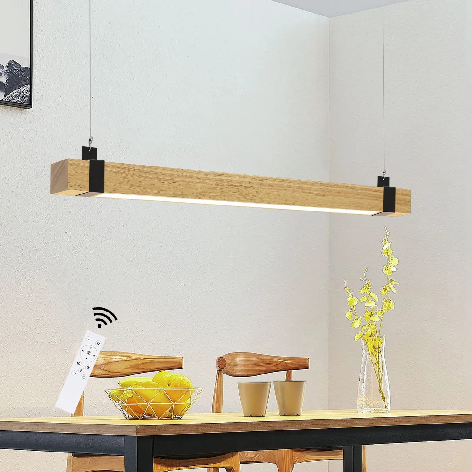ZMH fest LED Fernbedienung Hängelampe Höhenverstellbar Holz Rustikal, Tageslichtweiß integriert, Pendelleuchte