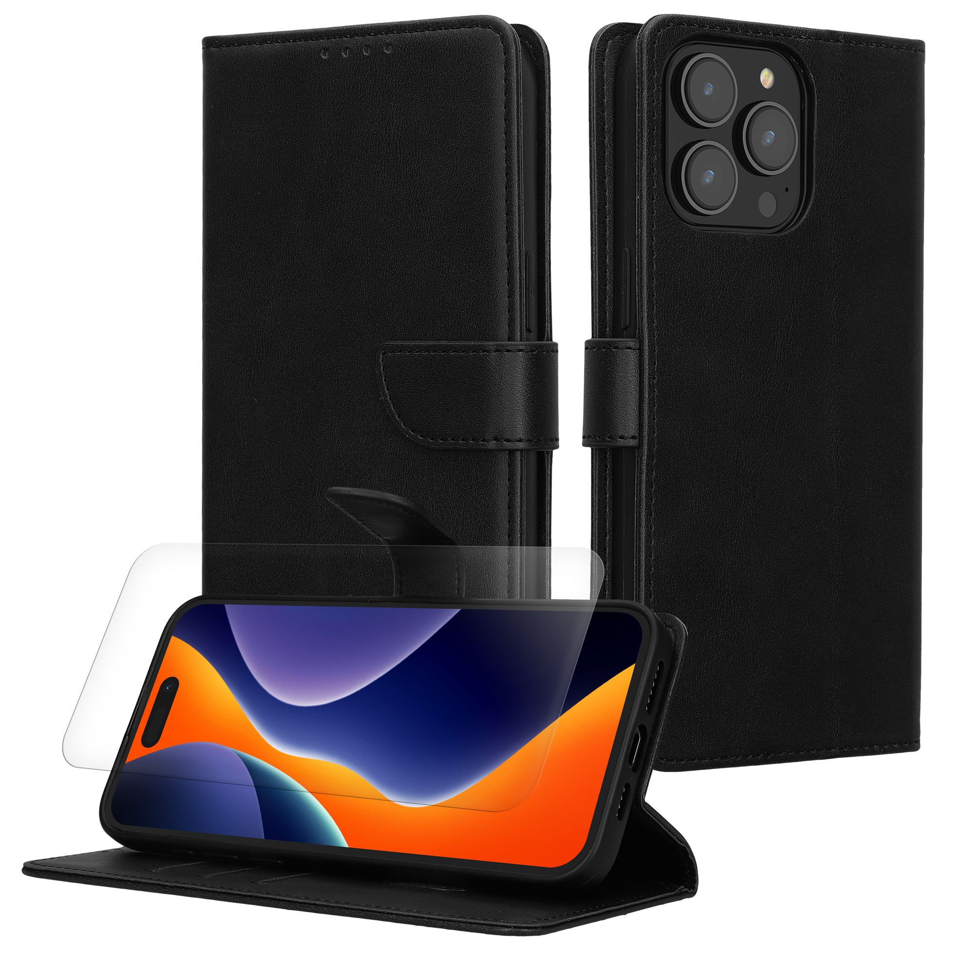 kwmobile Etui Kunstleder Handyhülle für Apple iPhone 15 Pro Max Hülle, Brieftaschen Schutzhülle aus PU-Leder mit Displayschutz