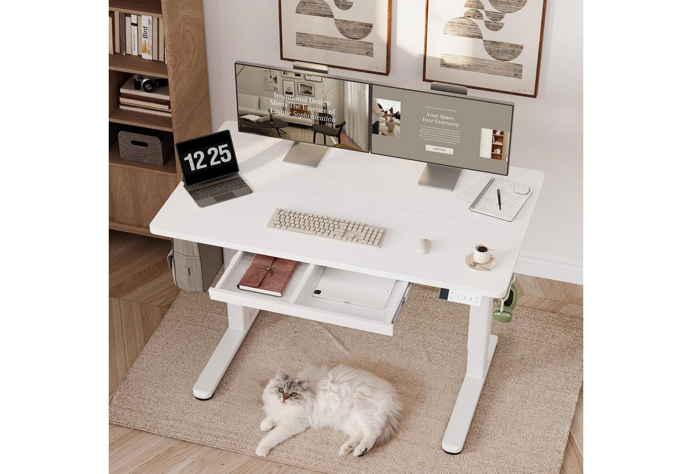 Claiks Schreibtisch Elektrischer Höhenverstellbarer Schreibtisch mit Schublade (1-St), mit 3-Memory, 2 Kopfhörerhaken, 120x60cm, Weiß