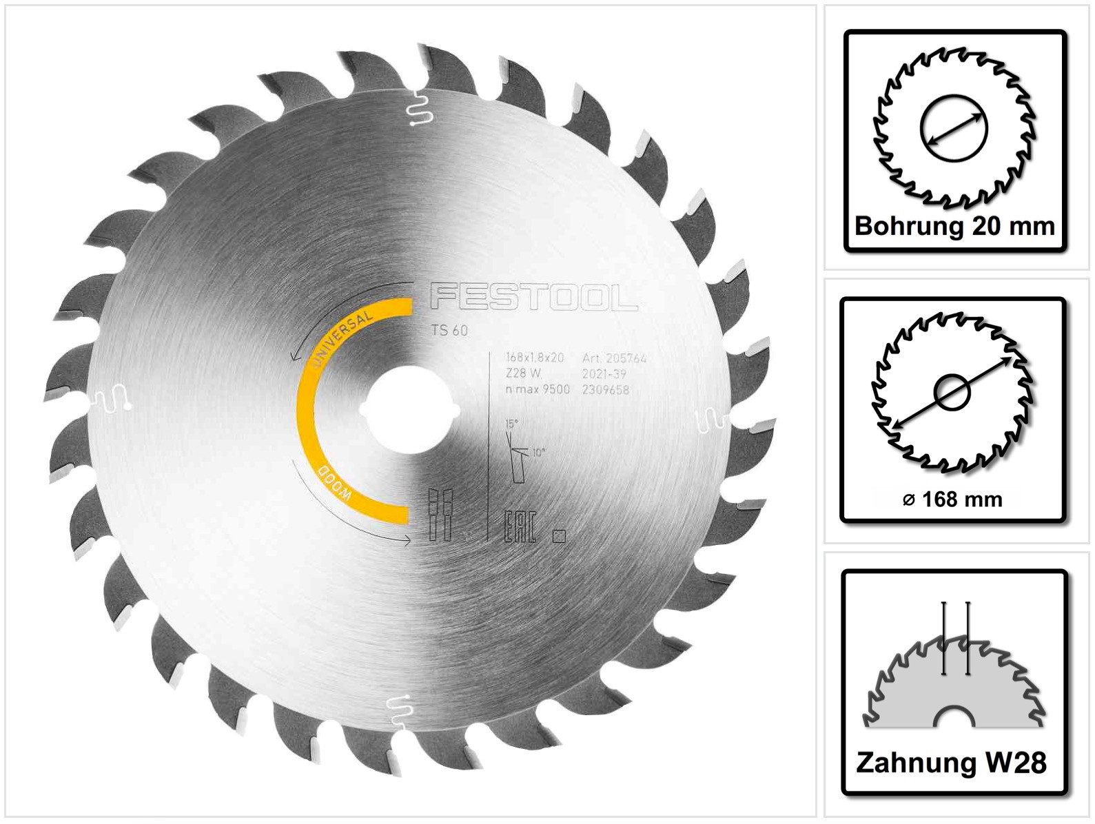 FESTOOL Kreissägeblatt Kreissägeblatt Wood Universal HW 168 x 1,8 x 20 W28 (205764) für TS