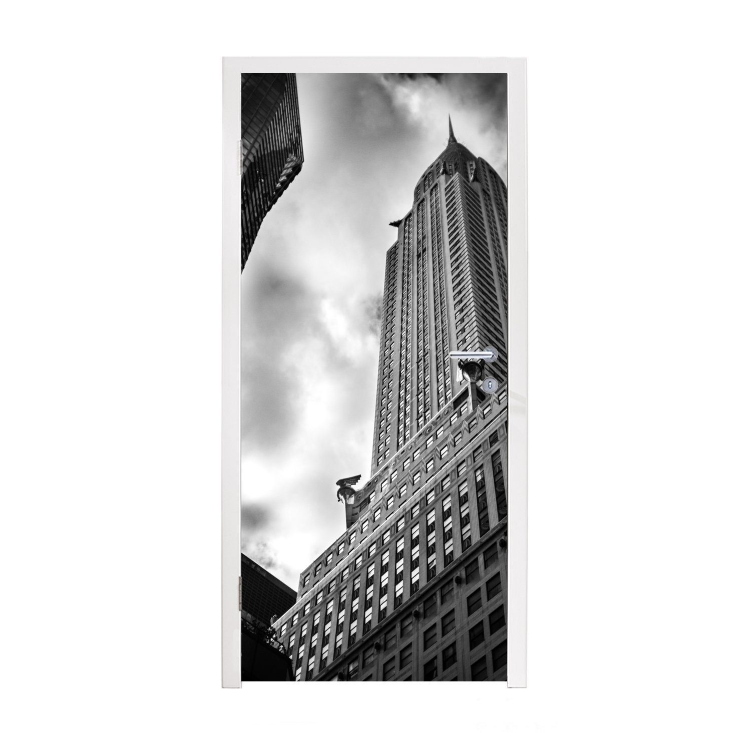 MuchoWow Türtapete Chrysler Building in New York von unten nach oben in Schwarz-Weiß, Matt, bedruckt, (1 St), Fototapete für Tür, Türaufkleber, 75x205 cm