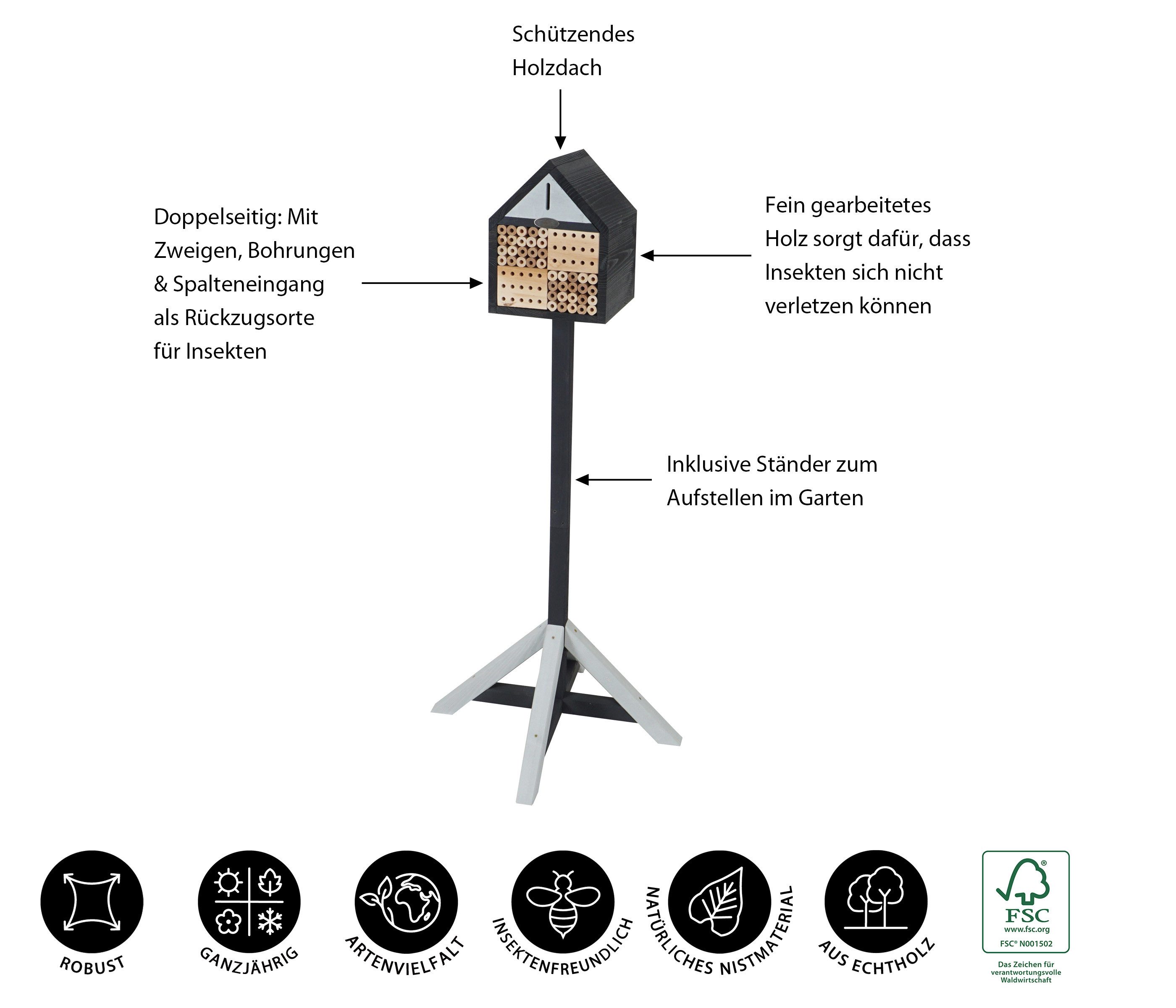 Dehner Insektenhotel Aliena, mit Ständer, 129 x 23 x 25 cm, Holz/Metall, für Bienen, Hummeln und Schmetterlinge, inkl. Ständer