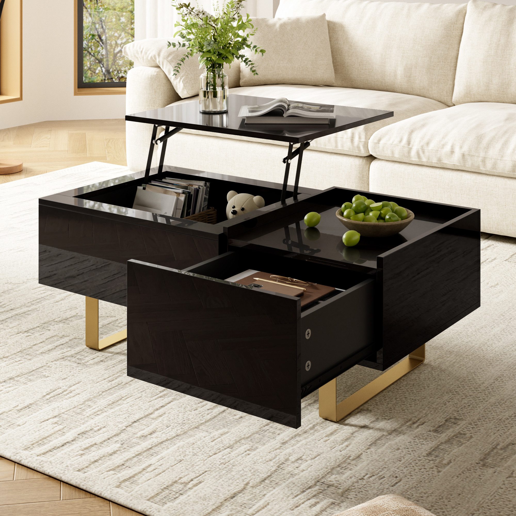 Odikalo Couchtisch Beistelltisch Sofatisch Höhenverstellbarer mit Schublade (100Lx50Bx54,5H(cm)Wohnzimmertisch Kaffeetisch mit Eisenfüßen Hochglanzoberfläche MDF)