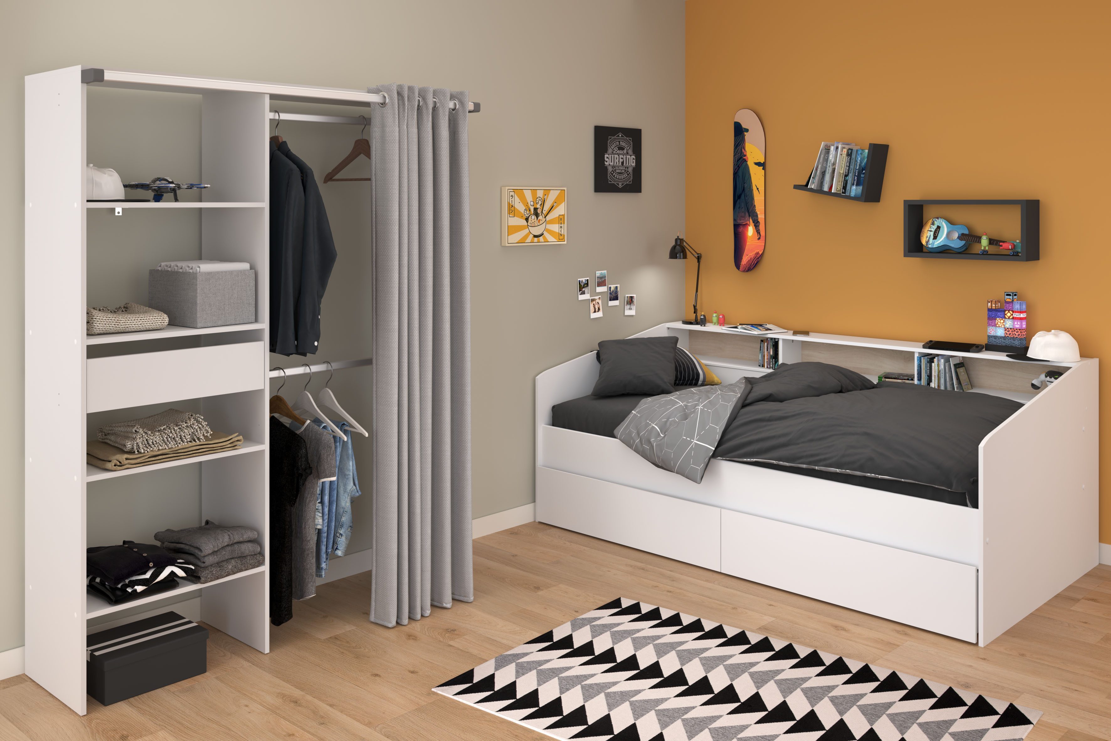 Parisot Jugendzimmer-Set Parisot Sleep 11, (Set, 2-tlg), Rückwand am Bett drehbar - Weiss oder Eiche