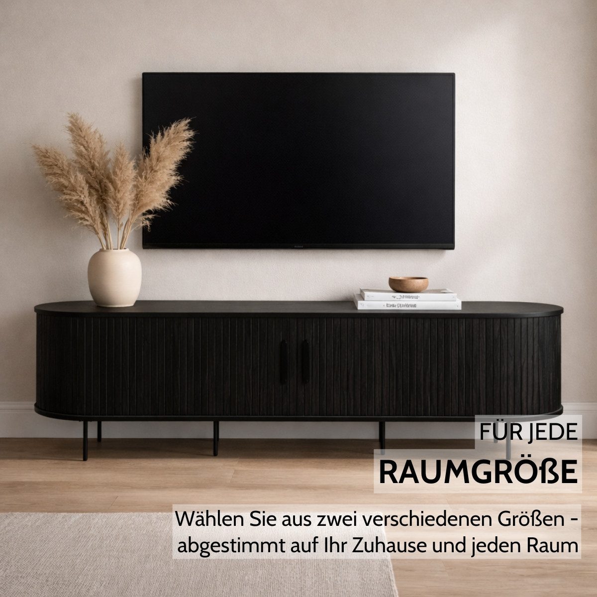 Liadomo Lowboard Uriel, TV-Möbel, TV-Board, TV-Unterschrank, 120 oder 180 cm Breite, Schiebetüren, Lamellen, schwarz, weiß, Natur, braun