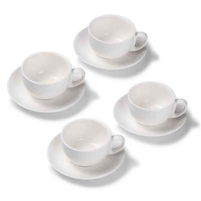 Terra Home Tasse 4er Milchkaffeetassen-Set, Weiß glossy 350 ml mit Untertasse, Porzellan, spülmaschinenfest,extra dickwandig