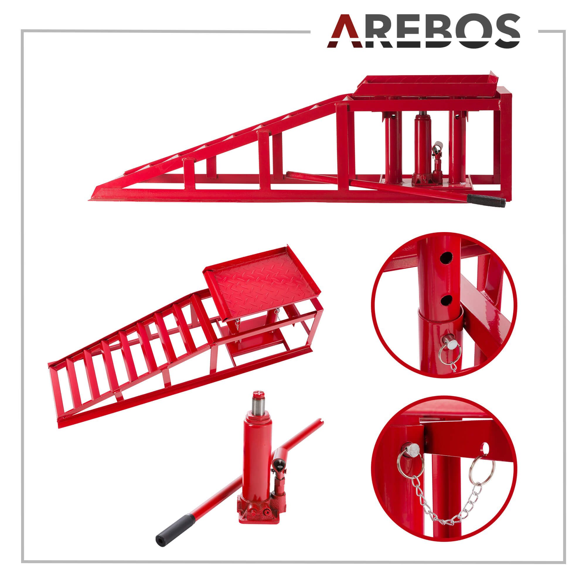 Arebos Auffahrrampe 2x mit hydraulischem Wagenheber, XXL 245 mm Auffahrbreite (2er Set), mit Sicherheits-/ Überdruckventil, Höhenverstellbar