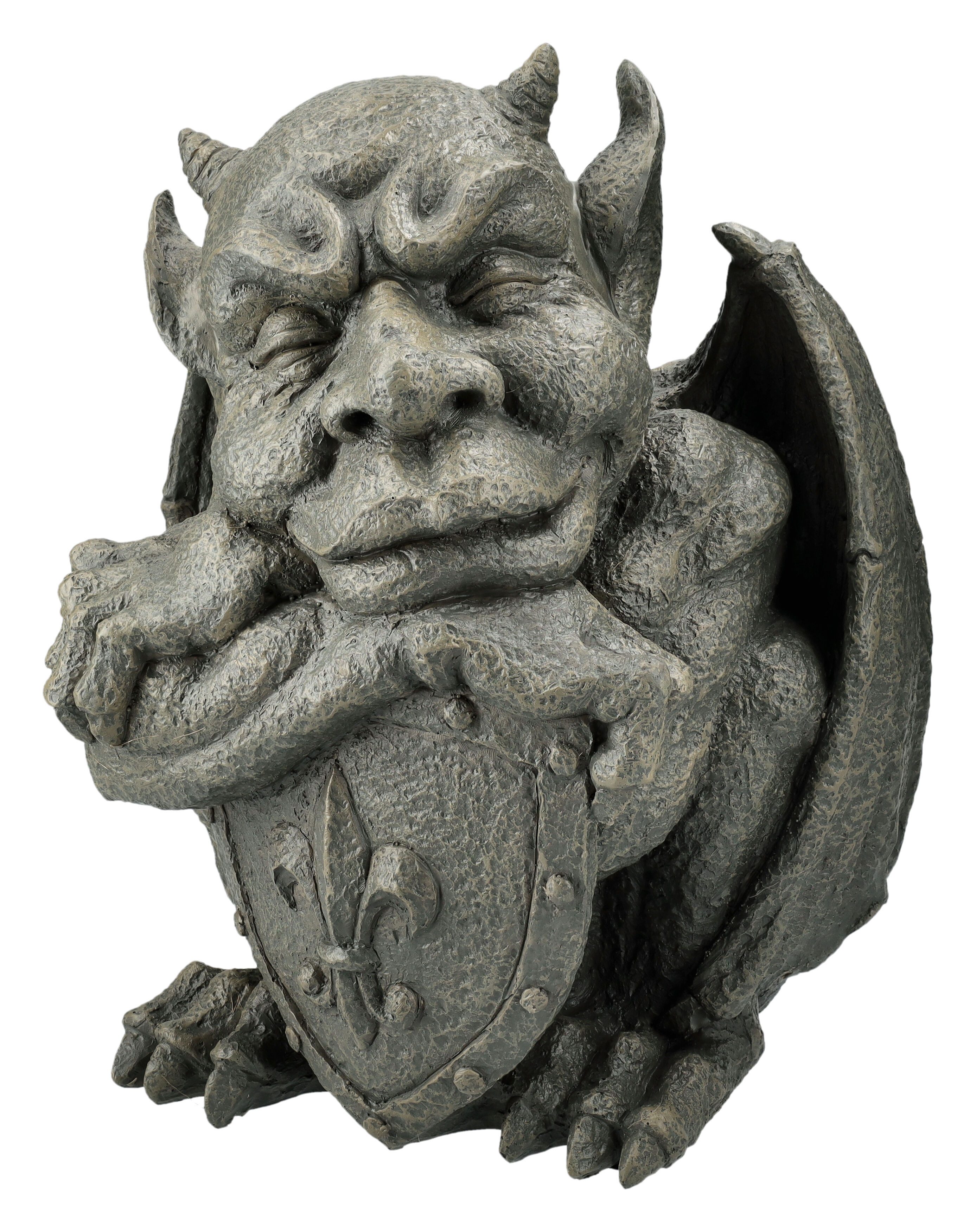 Figuren Shop GmbH Gartenfigur Gargoyle Statue – Wächter Figur mit Schild Gothic wetterfest 32,5 cm