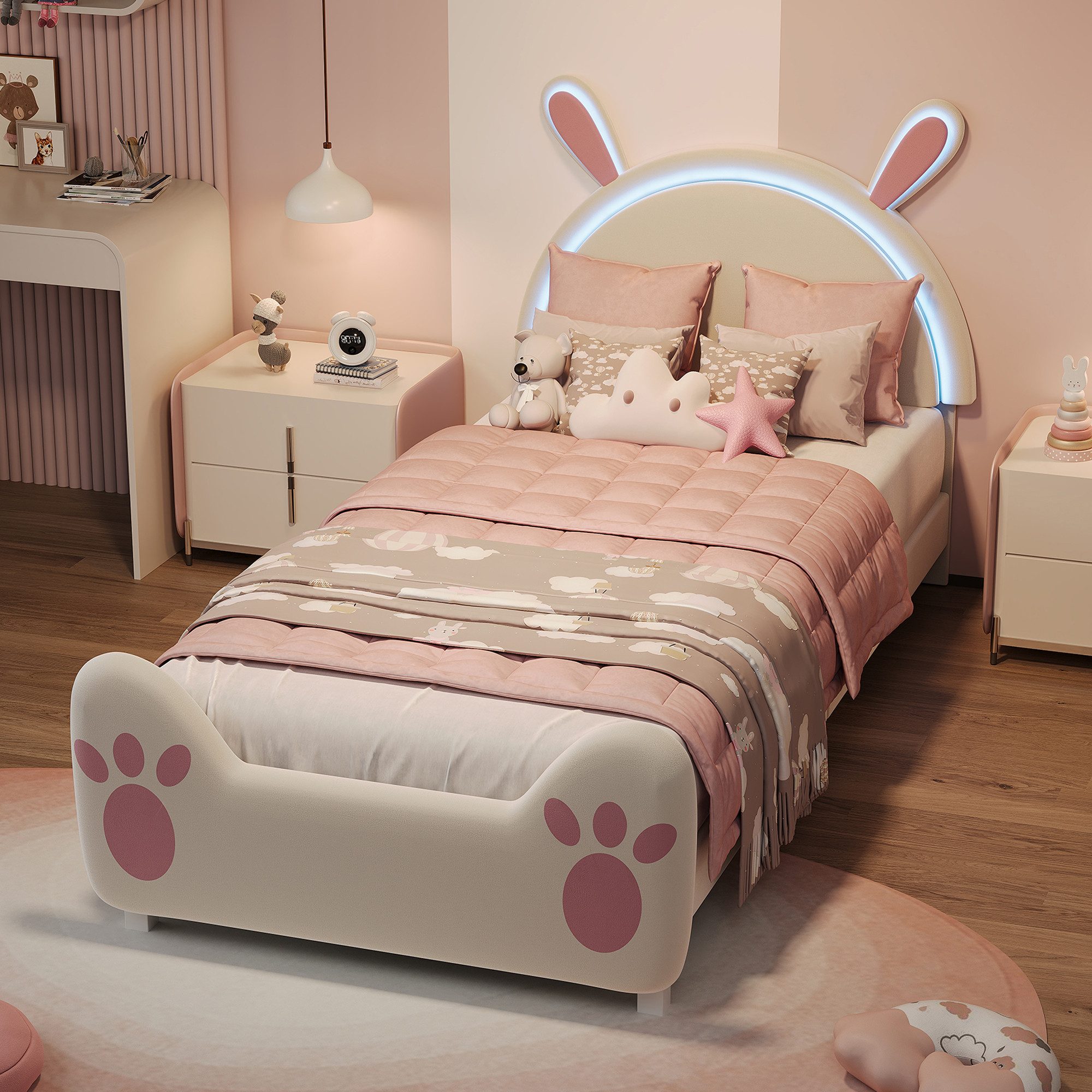 Yelenaro Polsterbett Kinderbett Einzelbett Jugendbett (Packung, 1-tlg., Jugendbett), 90x200 cm,Hasenförmiges Design,Samtstoff - Rosa