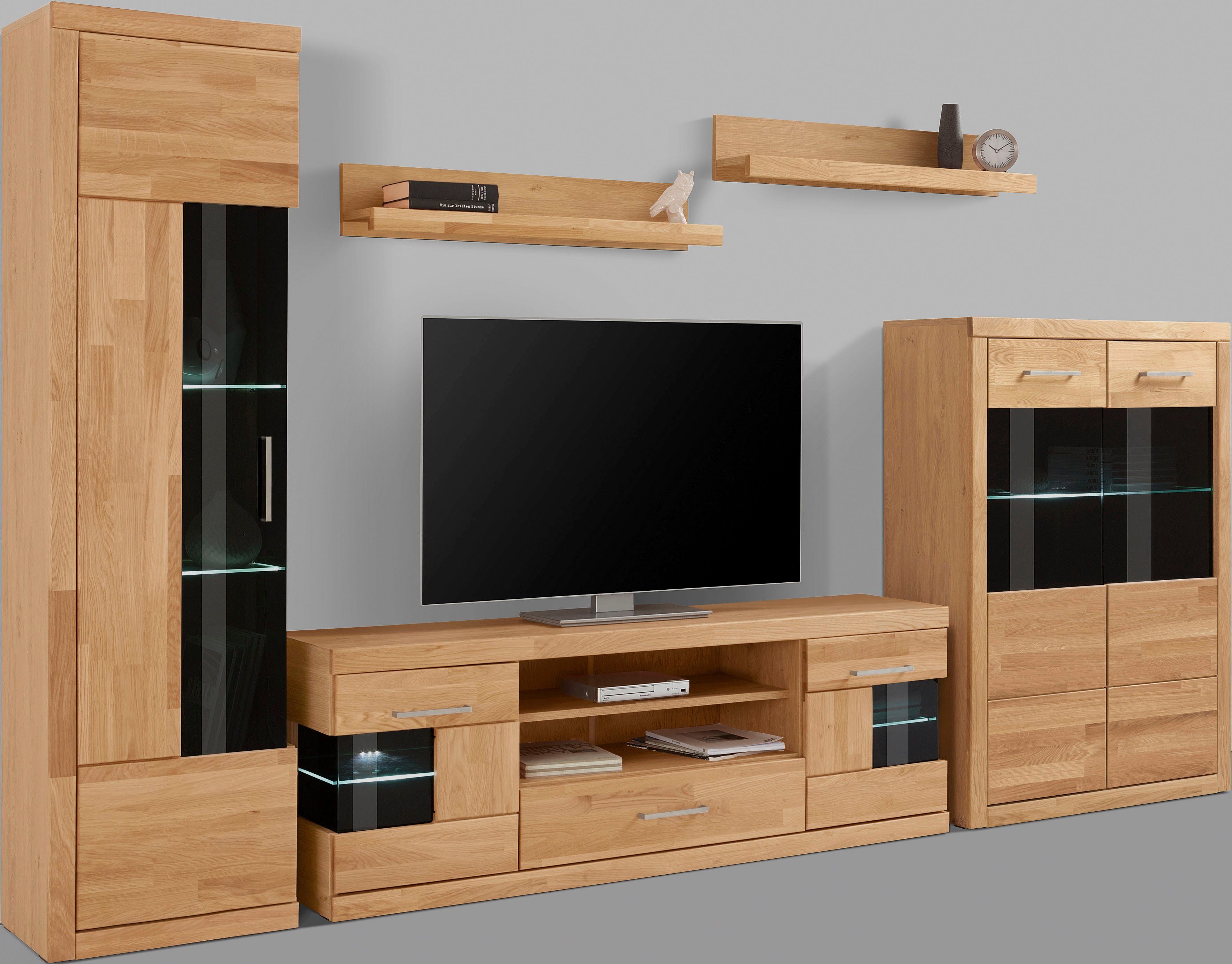 OTTO home Wohnwand Ribe: 5teilig, Breite: 300cm,Fronten aus Massivholz,Korpus aus Melamin, (Set, 5-St), B/T/H:300/35/180cm, Einlegeböden teilweise verstellbar