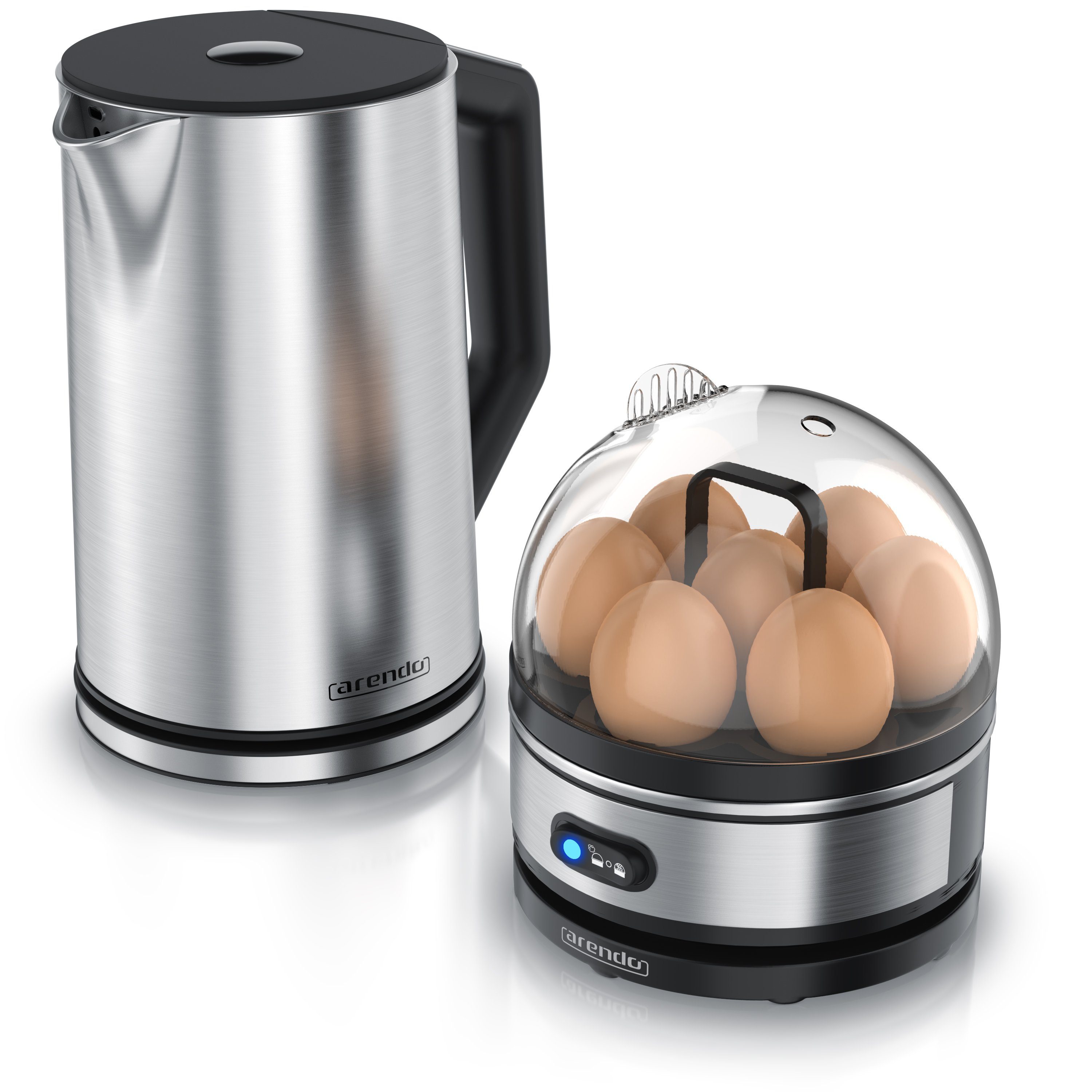 Frühstücks-Set (2-tlg), Silber 1,5l, 7er Edelstahl Eierkocher, Arendo Wasserkocher