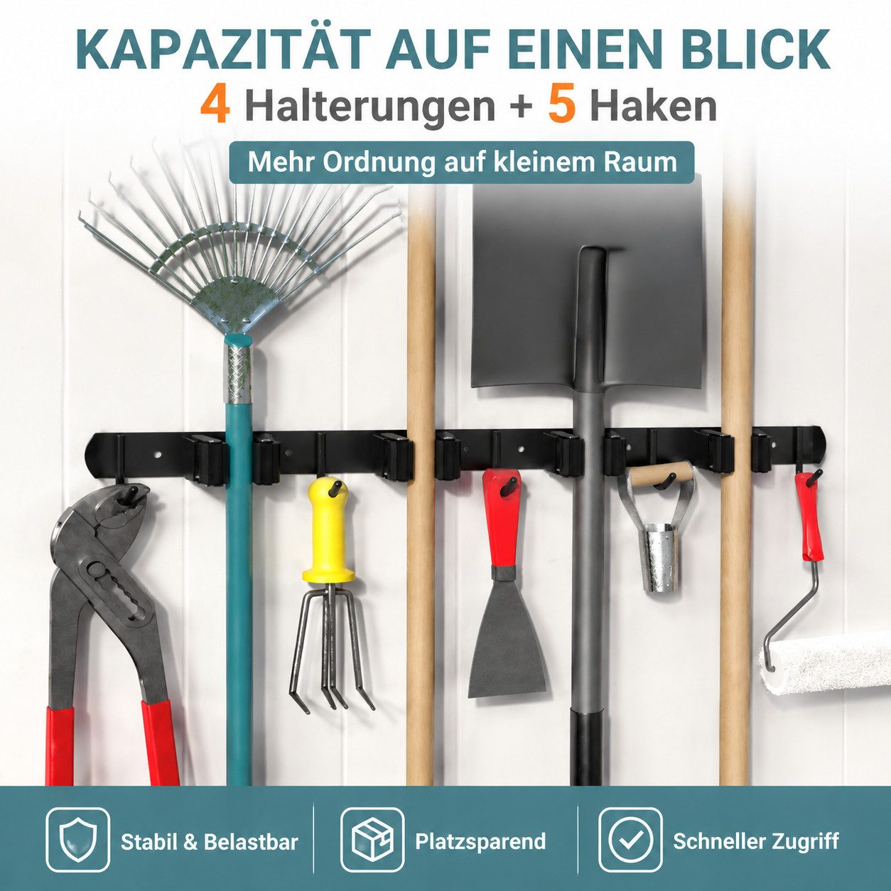 ibettertec Wandhaken Besenhalterung Wand mit 4 Halter und 5 Haken Gartengerätehalter, (für Besen, Mopps und Gartengeräte., 49cm*3cm,Wandhalterung,Edelstahl,platzsparend), Besenhalter Wand