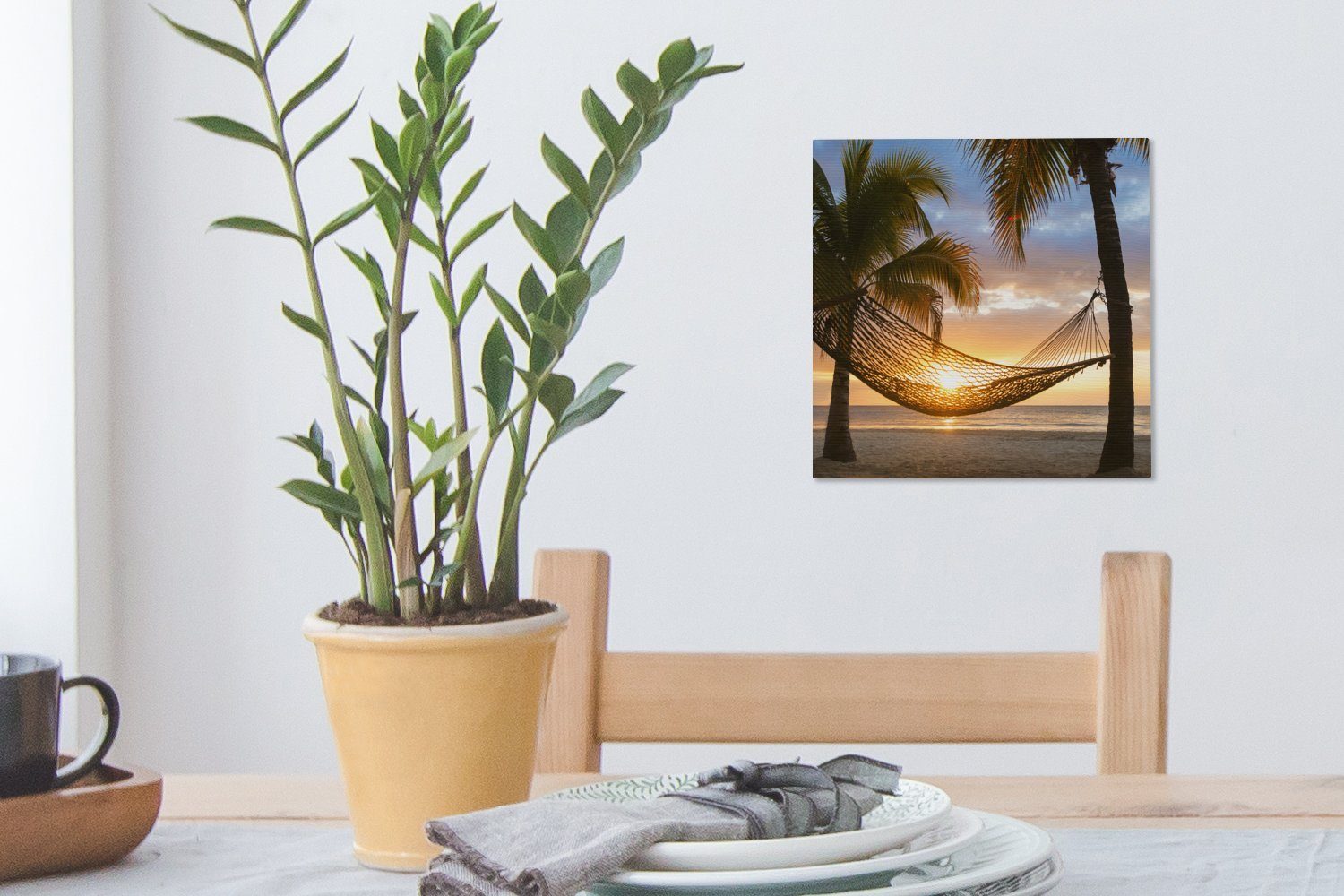 OneMillionCanvasses® Leinwandbild Sonnenuntergang Palme, für St), Wohnzimmer Bilder Schlafzimmer Leinwand - - (1 Hängematte