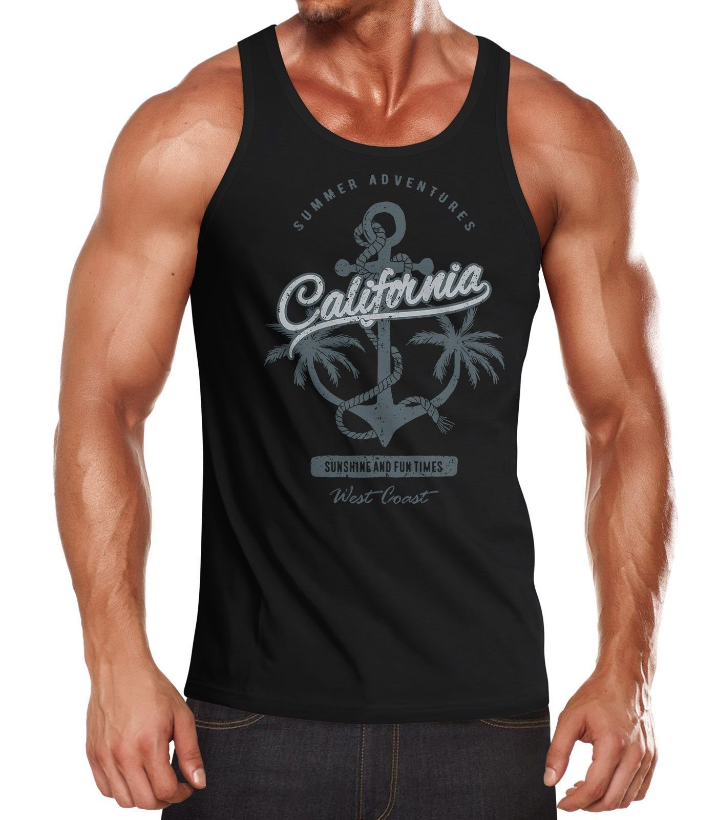 Tanktop Herren Tank-Top Anker Palmen Anchor Palms Muskelshirt Muscle Shirt Slim Fit Baumwolle Neverless® mit Print