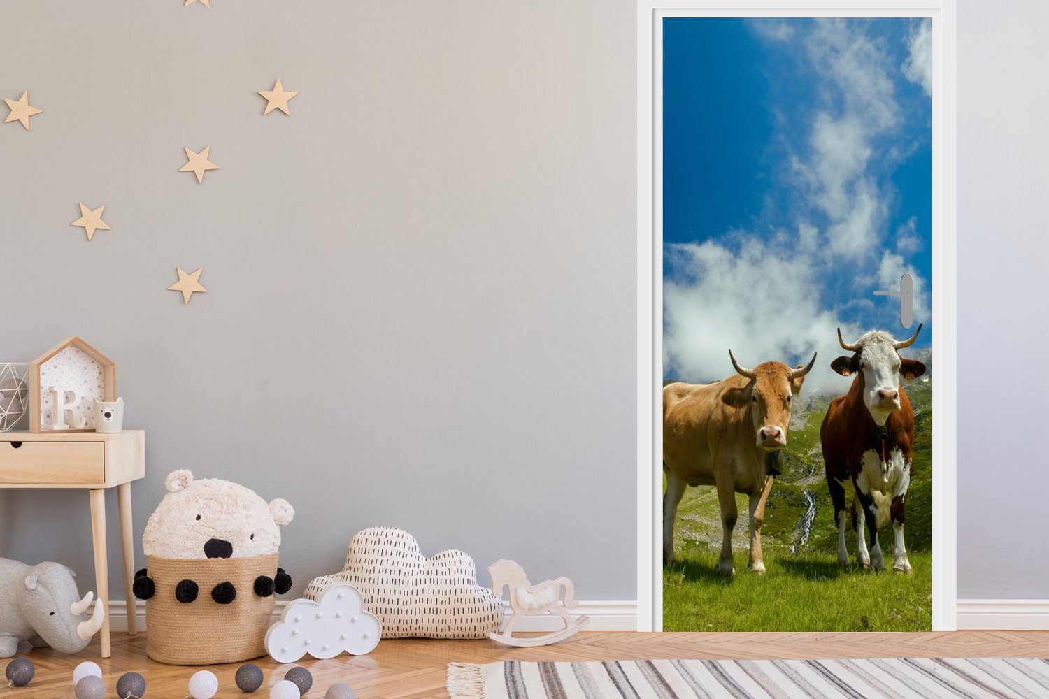 cm Gras, Fototapete Tür, - bedruckt, St), Türtapete Kühe (1 75x205 MuchoWow Alpen Matt, Türaufkleber, - für