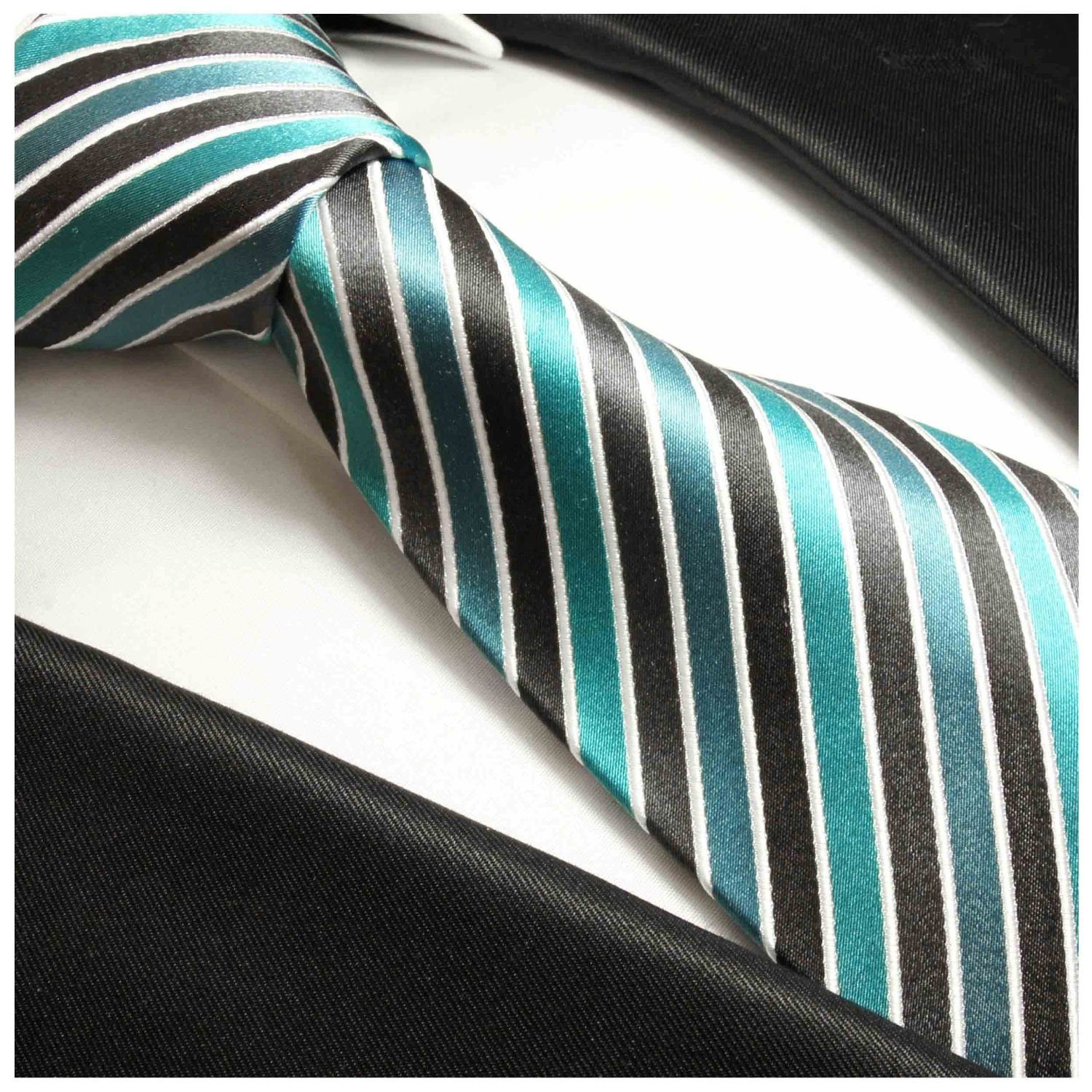 Krawatte Herren Malone modern 250 Schmal gestreift Paul Designer (6cm), Seidenkrawatte grau Seide 100% Schlips türkis