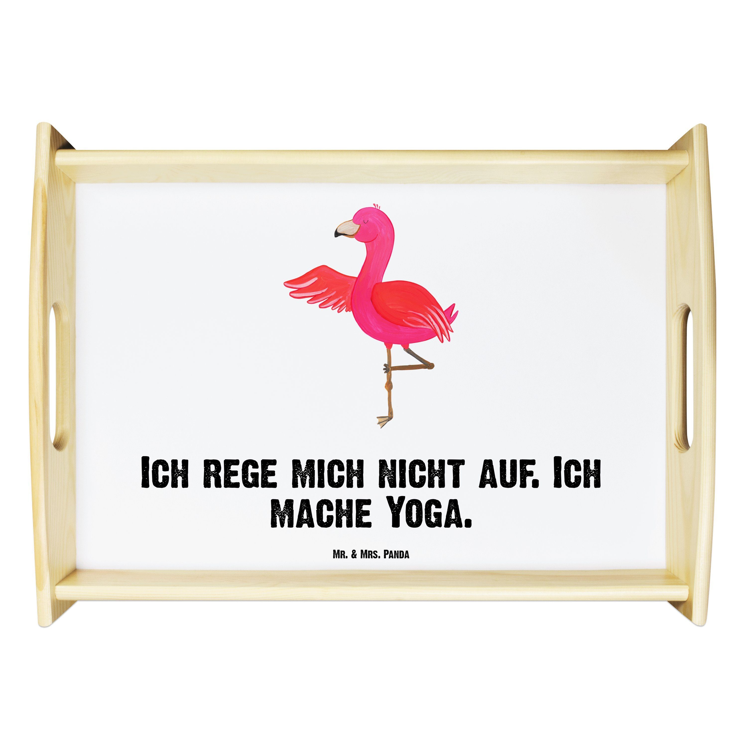Panda Echtholz Tablett, Mr. Geschenk, Tiefenentspann, Mrs. Achtsamkeit, & lasiert, - Flamingo Tablett - (1-tlg) Weiß Yoga