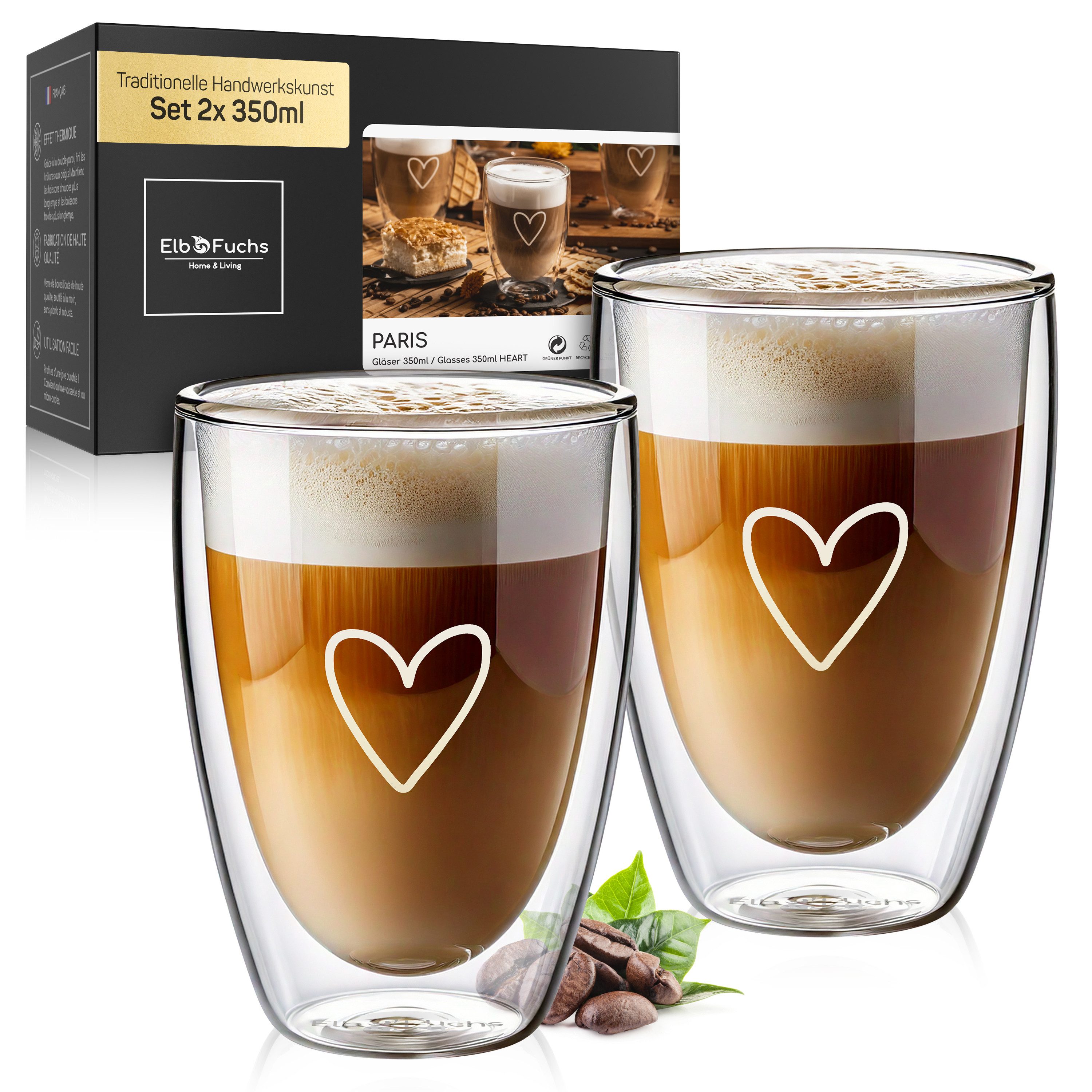 ElbFuchs Latte-Macchiato-Glas Paris, 350 ml, Borosilikatglas, 2-tlg., Doppelwandiger Thermoeffekt