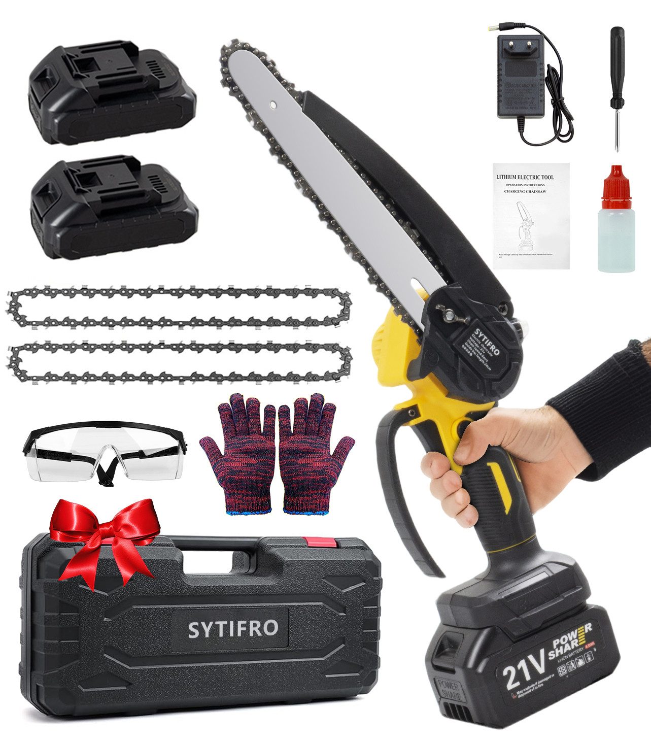 Sytifro Akku-Kettensäge 8 Zoll Kettensäge mit 2×3000mAh Akkus, Mit 2 Ketten günstig online kaufen