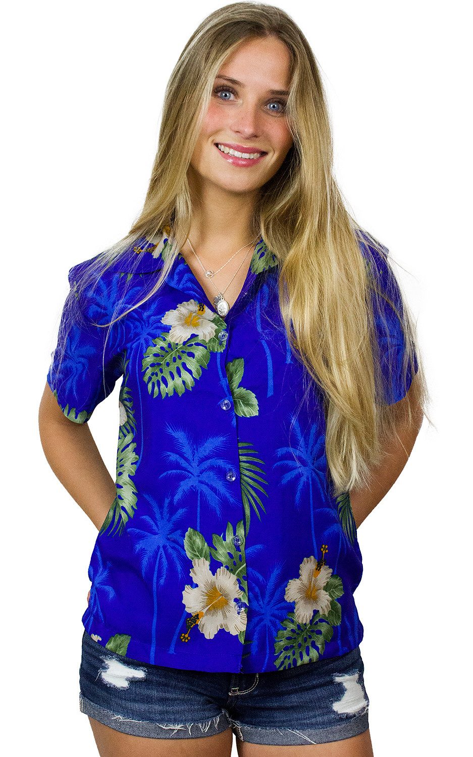 King Kameha Hawaiihemd Small Flower Funky Hawaiibluse Damen Kurzarm Front-Tasche Stylish