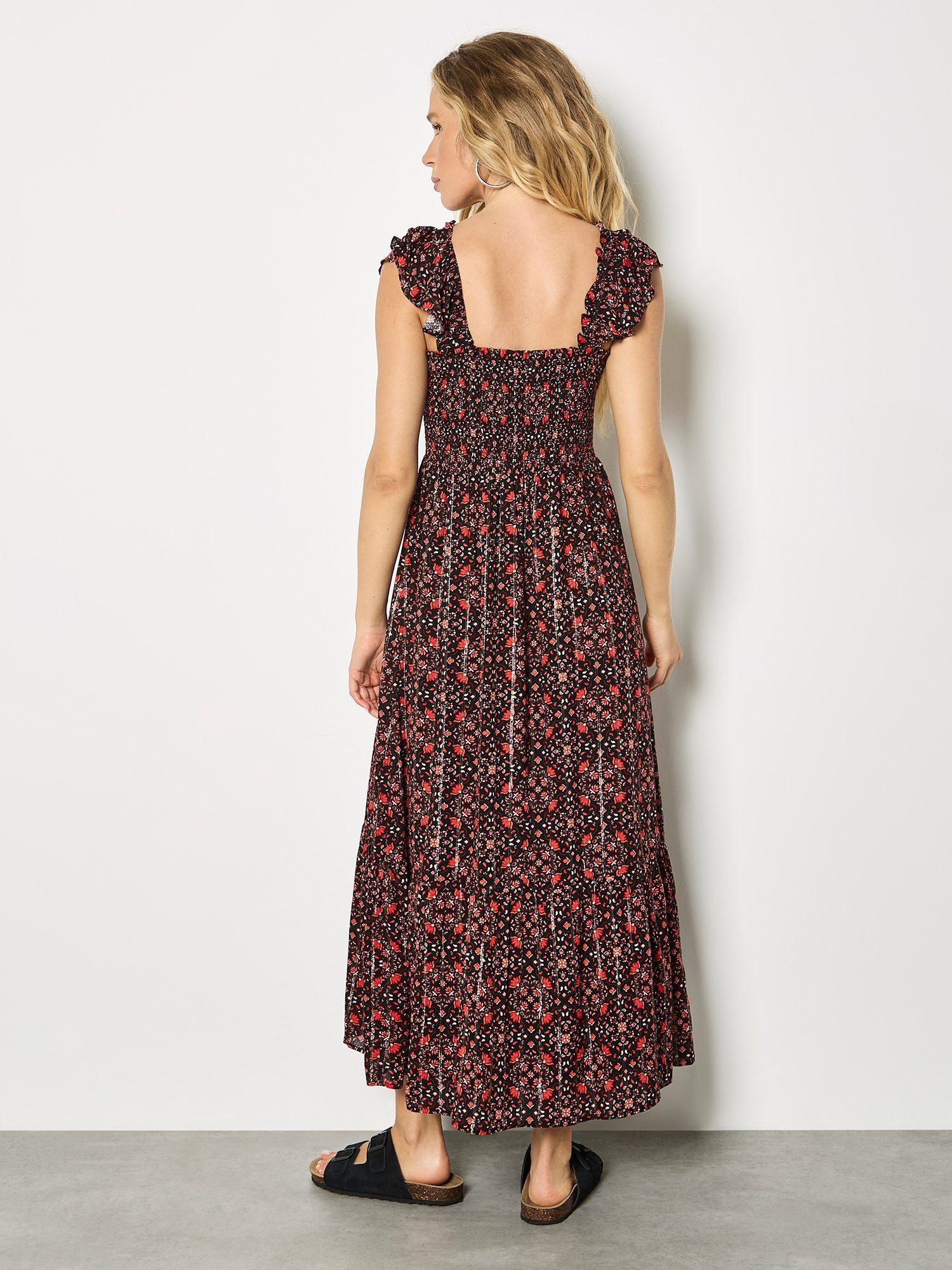 Apricot Midikleid Folk-Blumen-Midi-Kleid mit Metallic