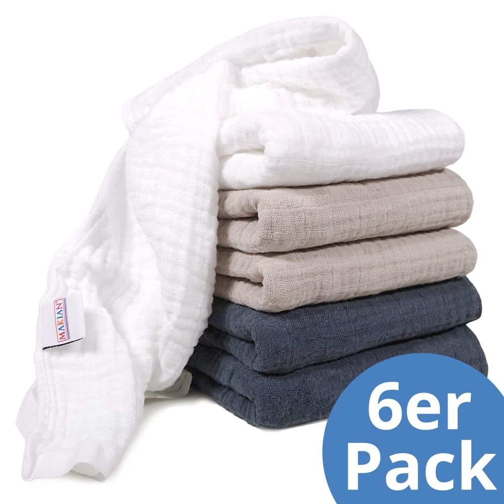Makian Stoffwindeln Graphit / Beige / Weiß, Mullwindeln Mulltücher 6 Stück 80x80 cm Spucktücher 100 % Baumwolle