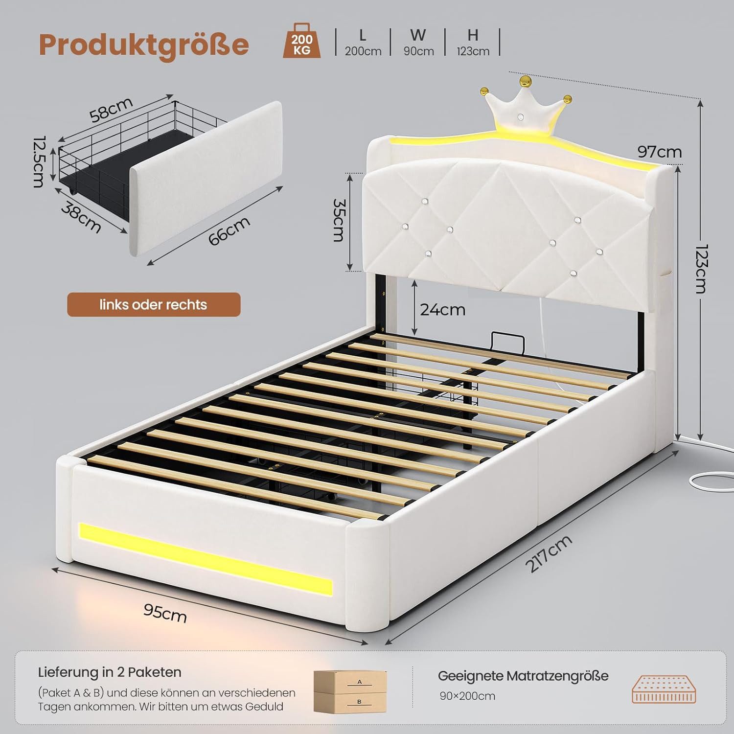 MSMASK Kinderbett im Kronen-Design mit LED-Beleuchtung, Ladestation und 2 Schubladen (Ohne Matratze), Polsterbett Jugendbett Prinzessinnenbett 90 x 200cm