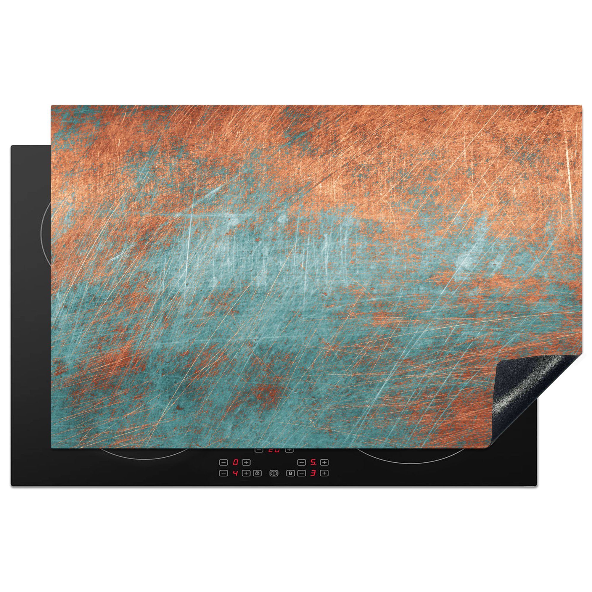 MuchoWow Herdblende-/Abdeckplatte Metall - Rost - Bronze - Blau - Abstrakt - Struktur, Vinyl, (1 tlg), 81x52 cm, Induktionskochfeld Schutz für die küche, Ceranfeldabdeckung