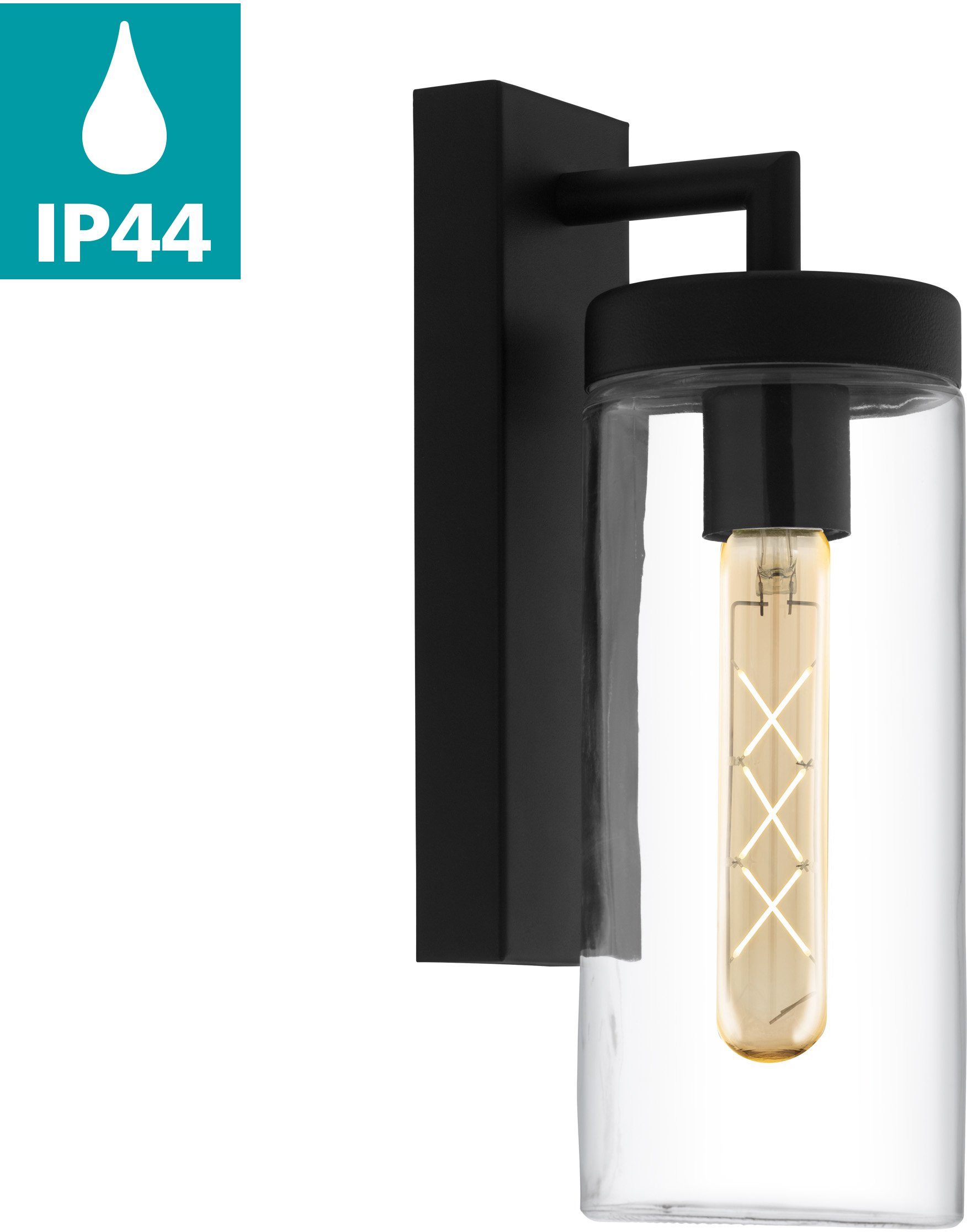 EGLO Wandleuchte BOVOLONE Wandlampe, Stahl und Glas, Außenlampe, IP44, E27, Lampe, ohne Leuchtmittel, Wand-/Deckenleuchte, L11 x H34 x AL15,5 cm, schwarz, 1X60W exkl.