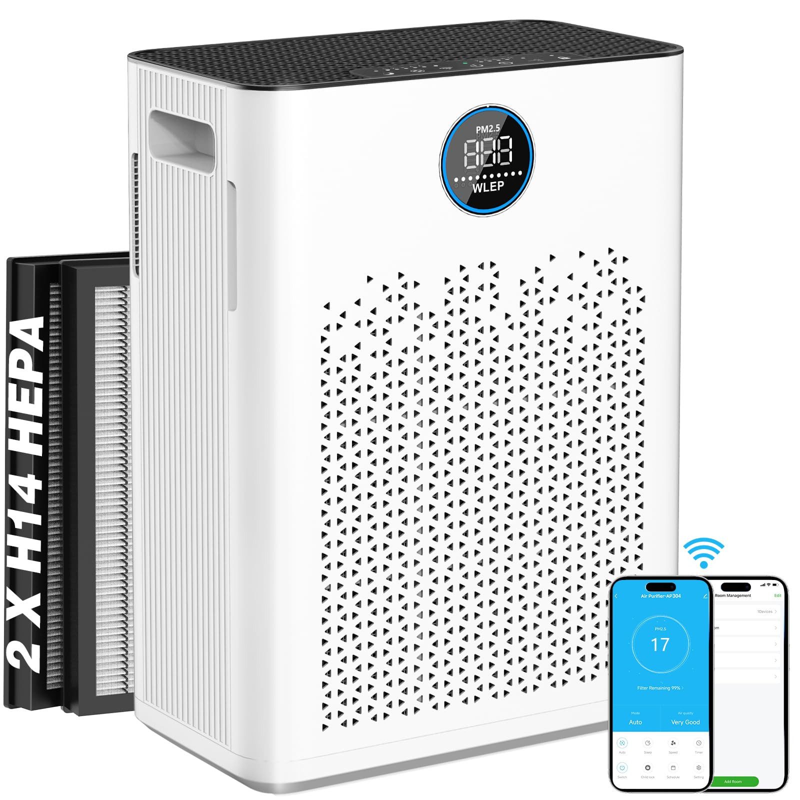 Wlep Luftreiniger mit App Steuerung HEPA H14 Aktivkohlefilter Smart Home mit Alexa, für 50 m² Räume, Air Purifier gegen Pollen/Staub/Tierhaare/Allergien/Gerüche
