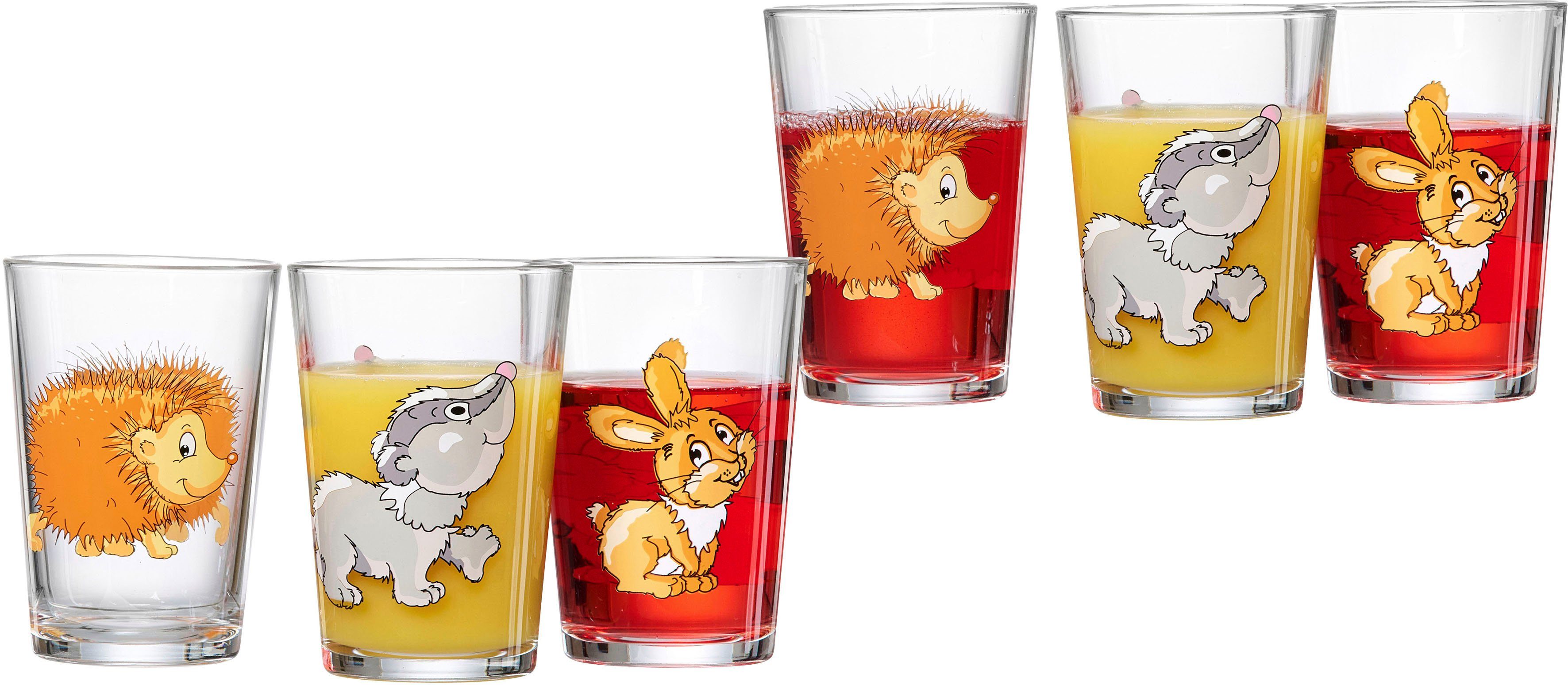 Ritzenhoff & Breker Kinderbecher Waldtiere, 6-teilig, 6-tlg., Glas, 3 verschiedene Tiermotive
