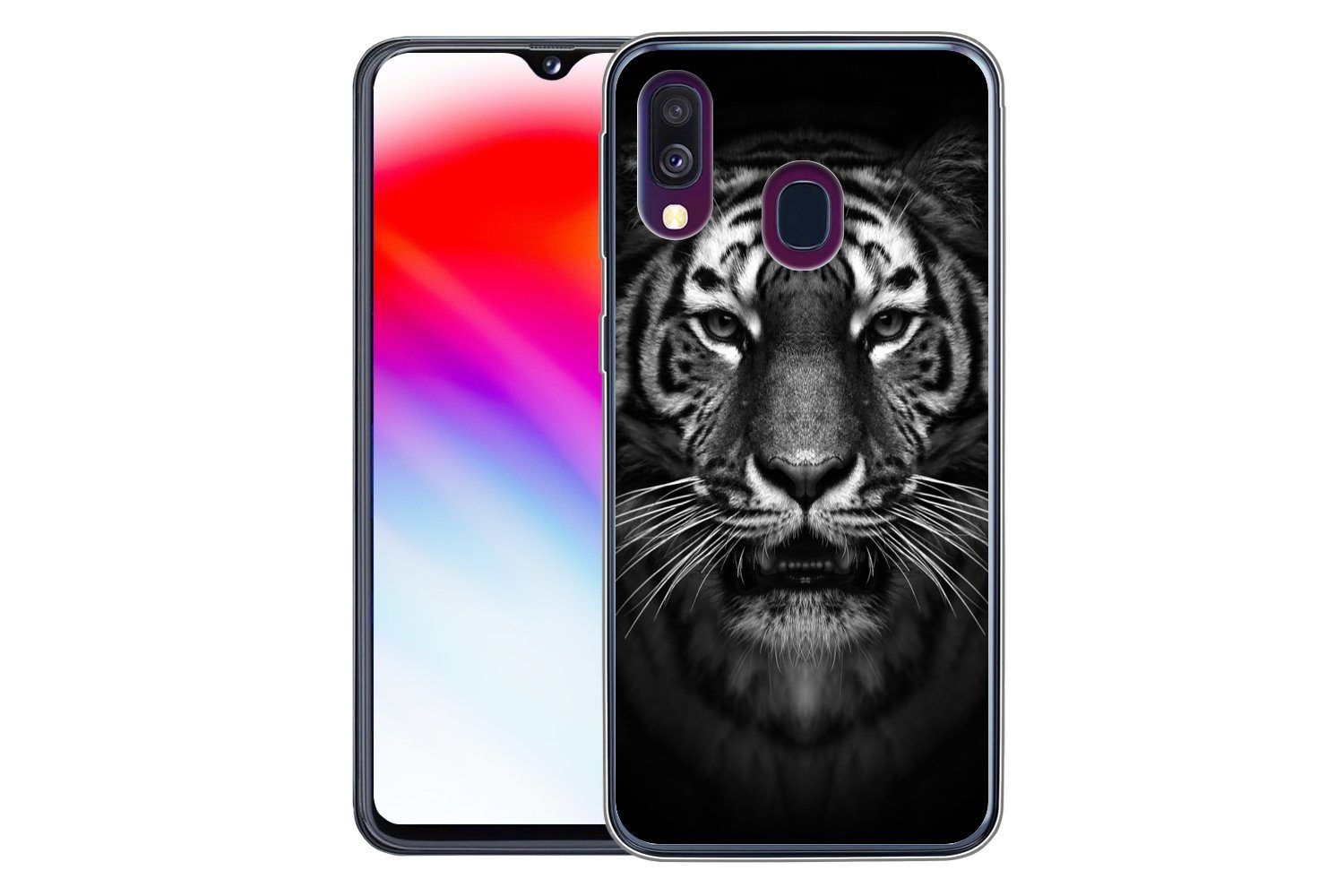 MuchoWow Handyhülle für Samsung Galaxy A40 Tiger - Tiere - Schwarz - Weiß - Porträt - Wild, Smartphone-Bumper, Print, Handy Schutzhülle Dünn