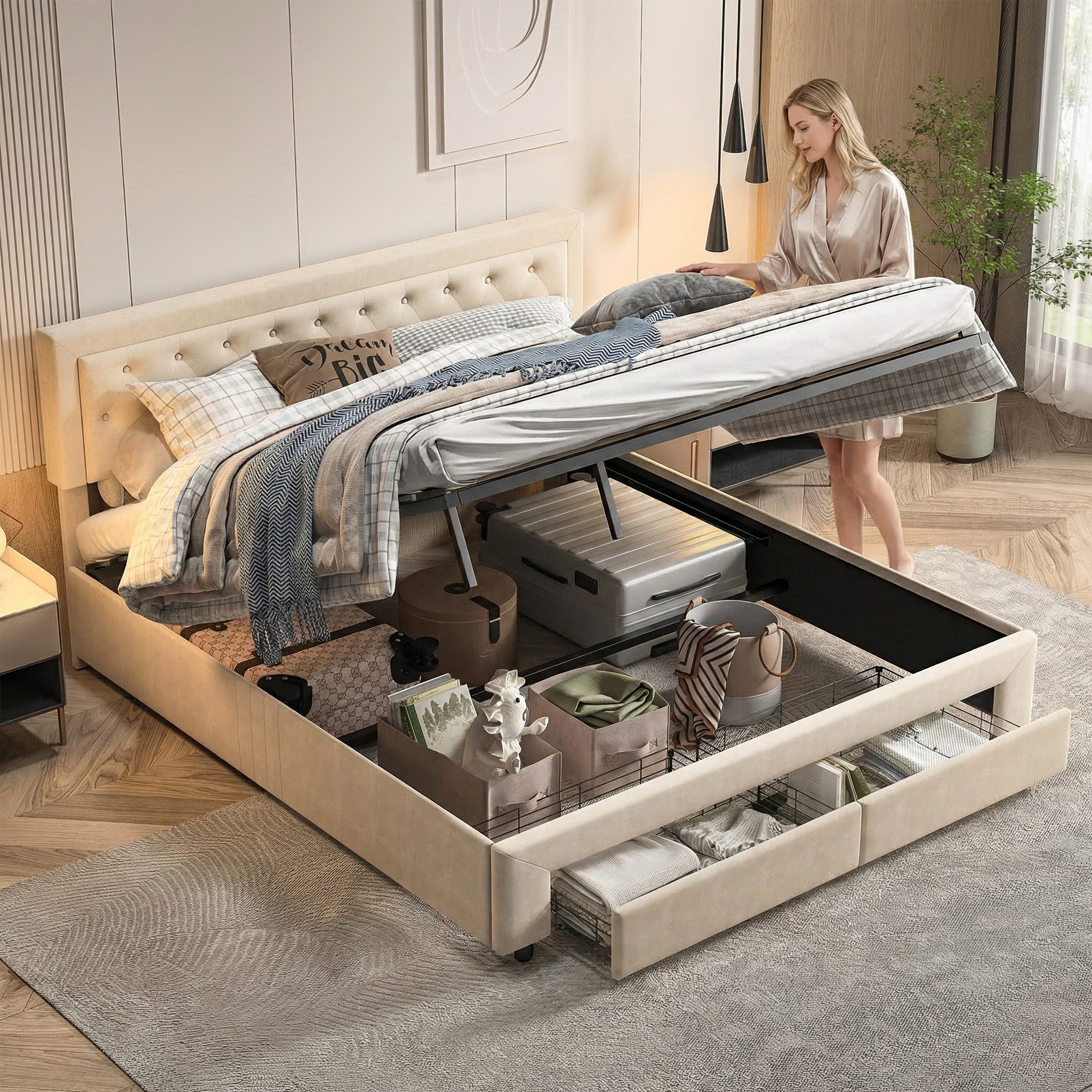 Furnishings Home Polsterbett 180 x 200 Doppelbett Hydraulisch anhebbarer Stauraumbett (Mit Lattenrost, Samtmaterial Polsterbett), Modernes Jugendbett, Leises Design Bett, Max. Belastbarkeit 350 kg
