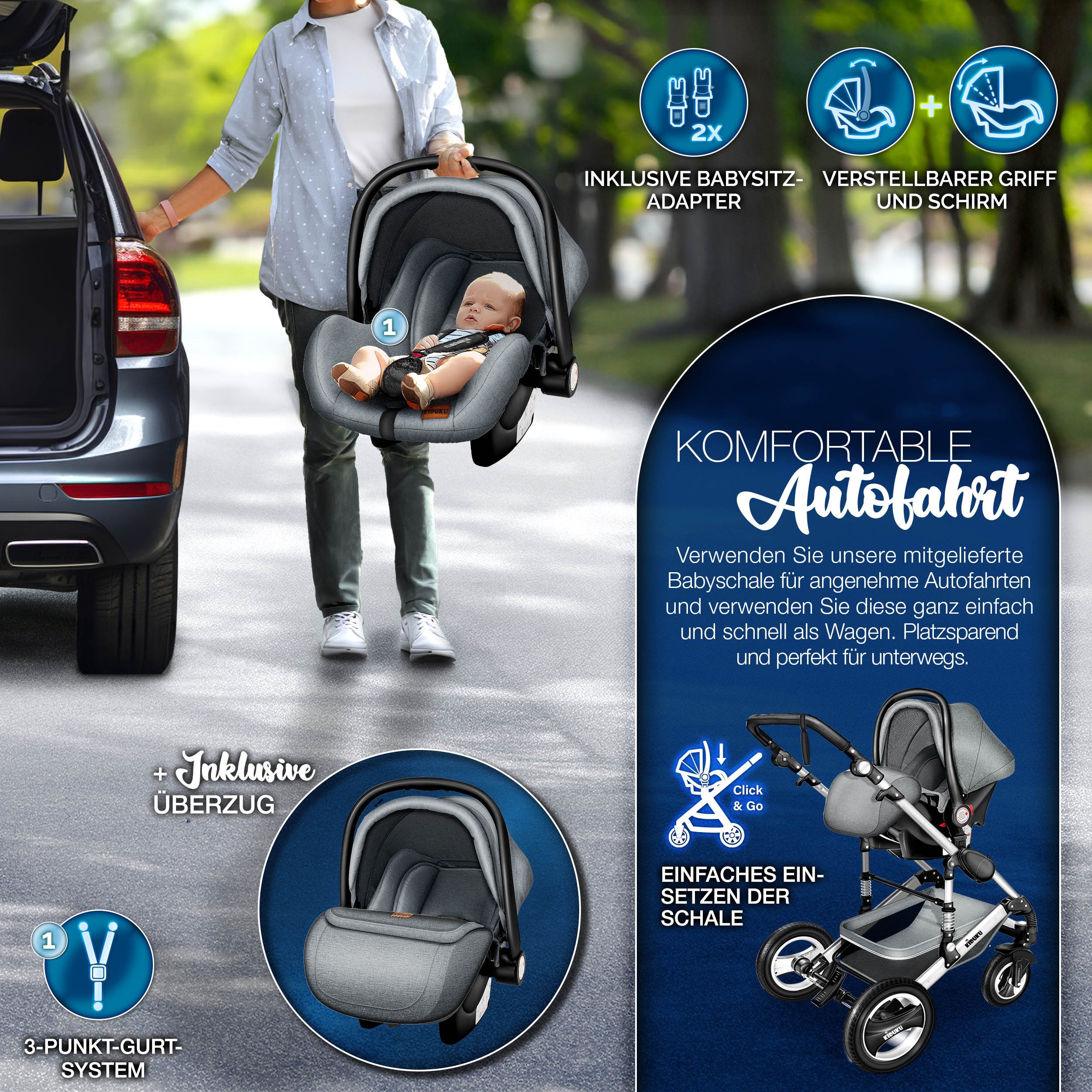 KIDUKU Kombi-Kinderwagen KIDUKU® 3 in 1 Kombi-Kinderwagen Buggy Reisebuggy inkl. Auto- Babyscha, Kindertisch