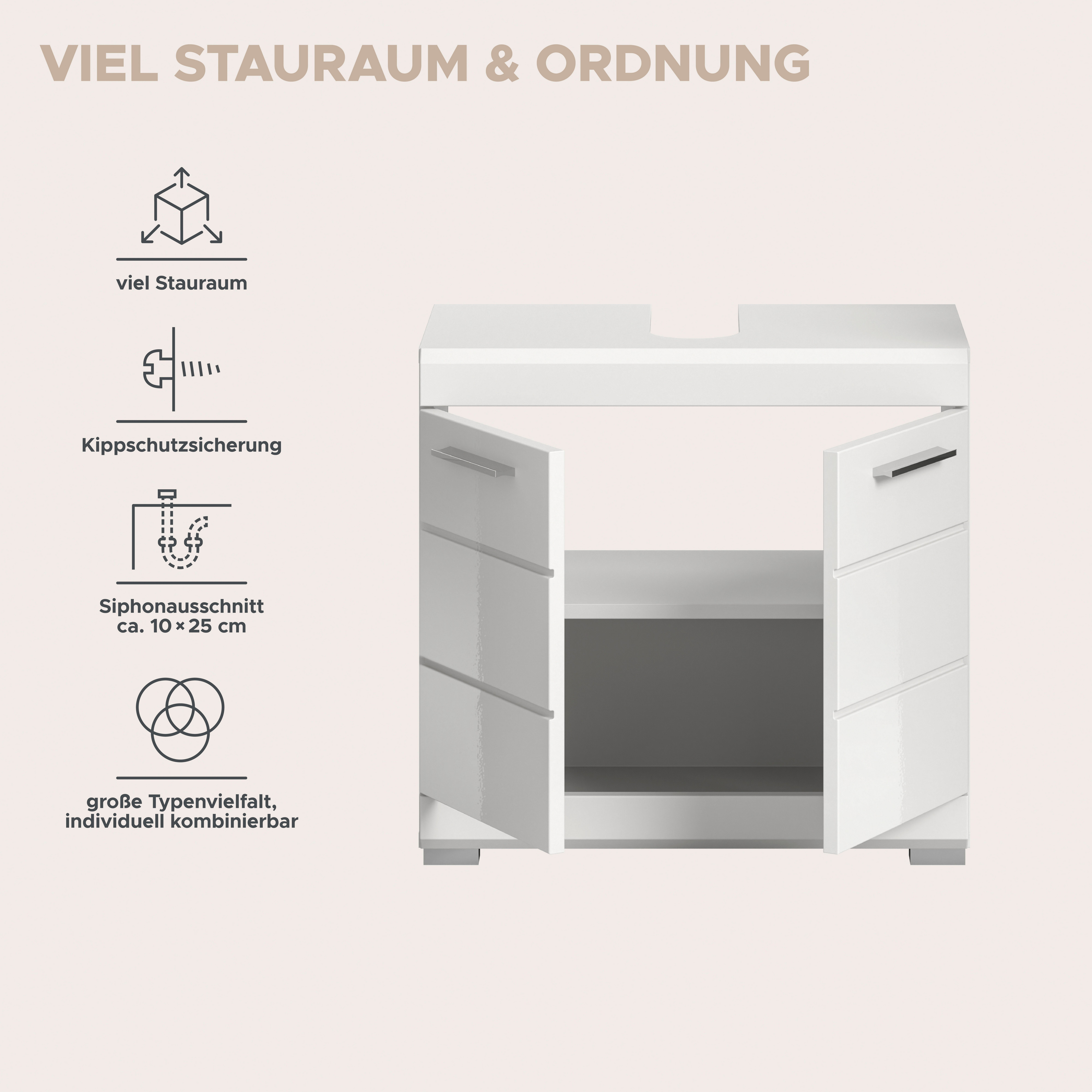 welltime Waschbeckenunterschrank SIENA, Breite 60cm, mit 2 Türen oder 2 Schubkästen, MDF-Front (1-St., TOPSELLER!, mit Siphonausschnitt 10x25 cm) in verschieden – Bild 4 von 5